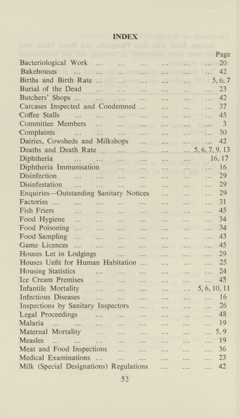 INDEX Page Bacteriological Work 20 Bakehouses 42 Births and Birth Rate 5,6,7 Burial of the Dead 23 Butchers' Shops 42 Carcases Inspected and Condemned 37 Coffee Stalls 45 Committee Members 3 Complaints 30 Dairies, Cowsheds and Milkshops 42 Deaths and Death Rate 5,6,7,9,13 Diphtheria 16, 17 Diphtheria Immunisation 16 Disinfection 29 Disinfestation 29 Enquiries— Outstanding Sanitary Notices 29 Factories 31 Fish Friers 45 Food Hygiene 34 Food Poisoning 34 Food Sampling 43 Game Licences 45 Houses Let in Lodgings 29 Houses Unfit for Human Habitation 25 Housing Statistics 24 Ice Cream Premises 45 Infantile Mortality 5,6,10,11 Infectious Diseases 16 Inspections by Sanitary Inspectors 26 Legal Proceedings 48 Malaria 19 Maternal Mortality 5,9 Measles 19 Meat and Food Inspections 36 Medical Examinations 23 Milk (Special Designations) Regulations 42 52