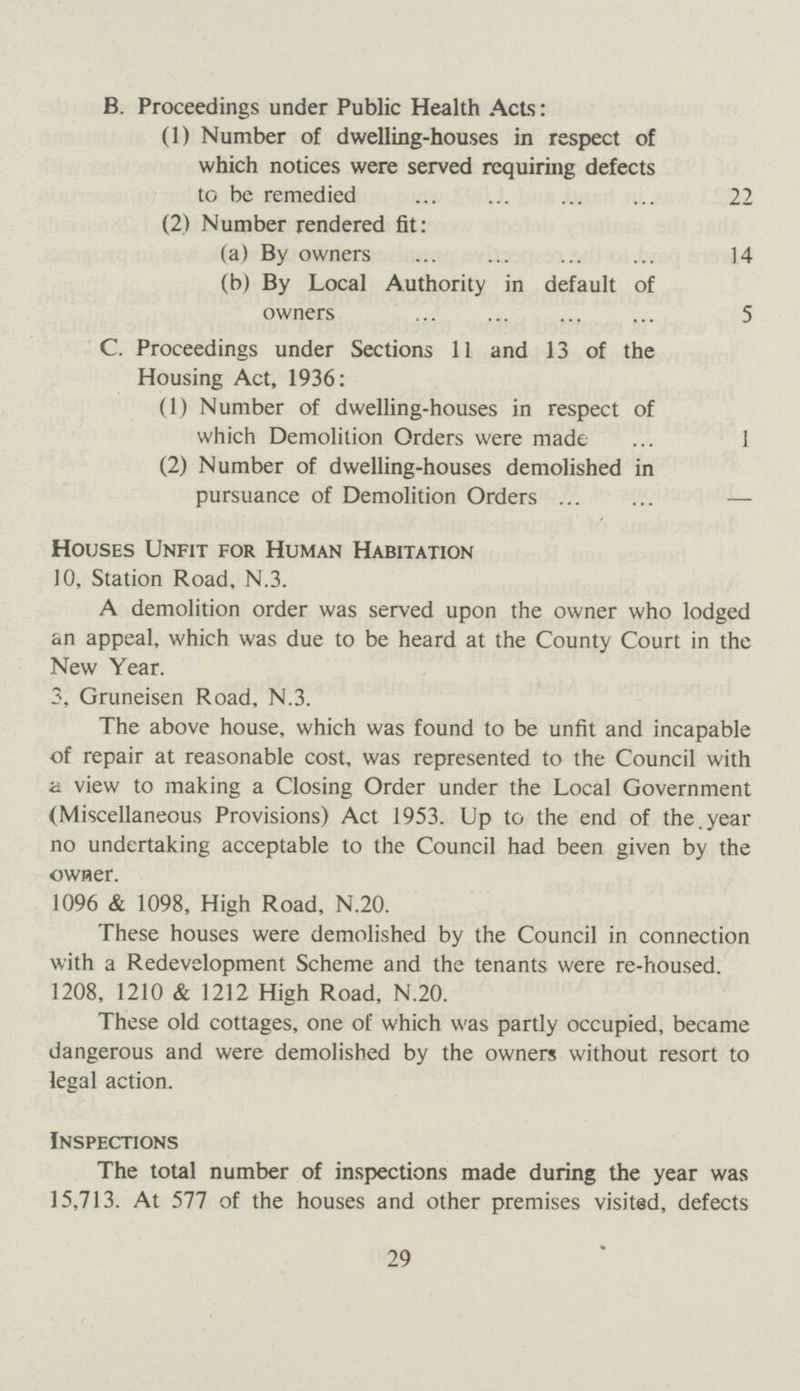 B. Proceedings under Public Health Acts: (1) Number of dwelling-houses in respect of which notices were served requiring defects to be remedied 22 (2) Number rendered fit: (a) By owners 14 (b) By Local Authority in default of owners 5 C. Proceedings under Sections 11 and 13 of the Housing Act, 1936: (1) Number of dwelling-houses in respect of which Demolition Orders were made 1 (2) Number of dwelling-houses demolished in pursuance of Demolition Orders — Houses Unfit for Human Habitation 10, Station Road, N.3. A demolition order was served upon the owner who lodged an appeal, which was due to be heard at the County Court in the New Year. 3, Gruneisen Road, N.3. The above house, which was found to be unfit and incapable of repair at reasonable cost, was represented to the Council with a view to making a Closing Order under the Local Government (Miscellaneous Provisions) Act 1953. Up to the end of the year no undertaking acceptable to the Council had been given by the owner. 1096 & 1098, High Road, N.20. These houses were demolished by the Council in connection with a Redevelopment Scheme and the tenants were re-housed. 1208, 1210 & 1212 High Road, N.20. These old cottages, one of which was partly occupied, became dangerous and were demolished by the owners without resort to legal action. Inspections The total number of inspections made during the year was 15,713. At 577 of the houses and other premises visited, defects 29
