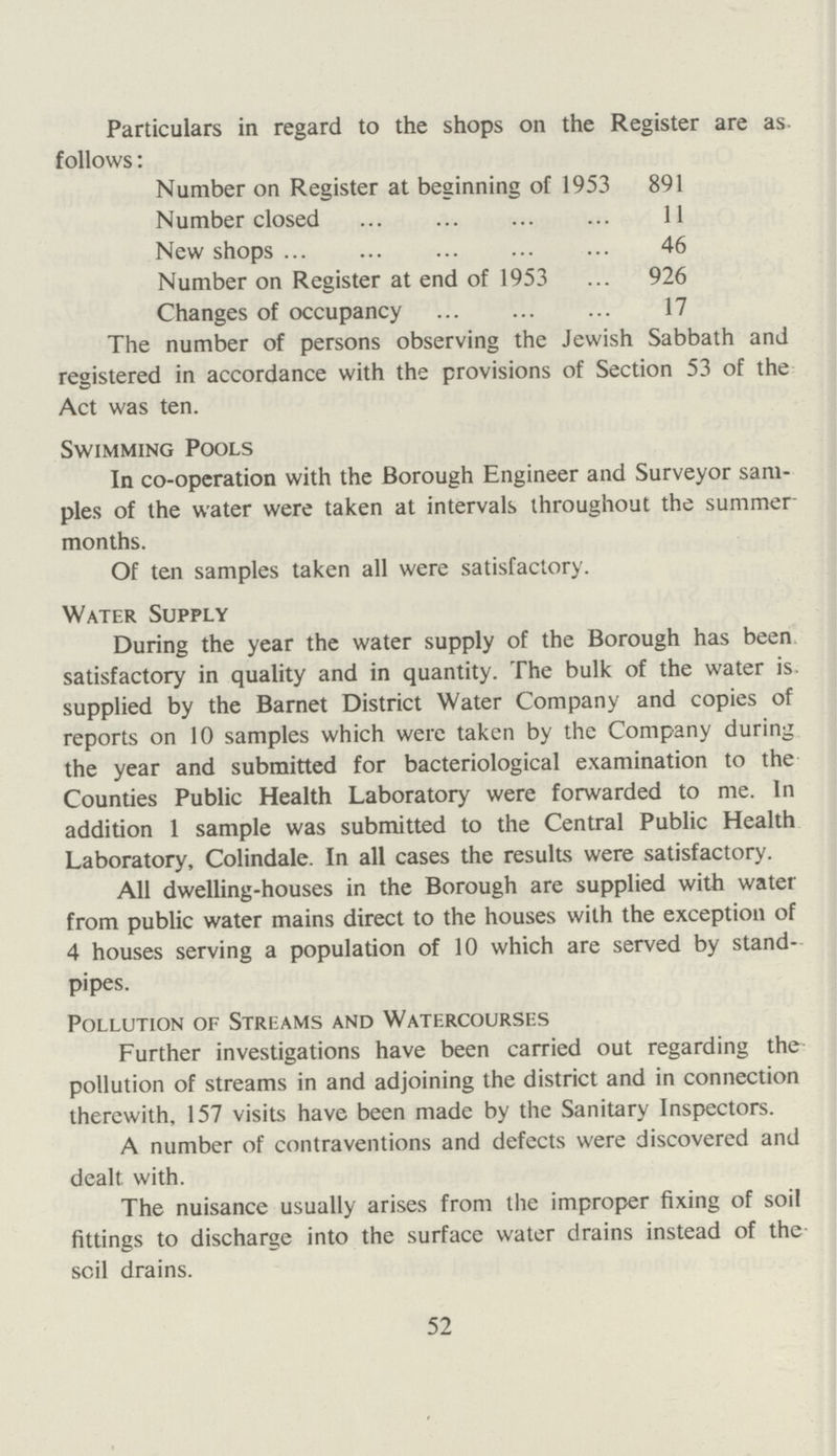 Particulars in regard to the shops on the Register are as. follows: Number on Register at beginning of 1953 891 Number closed 11 New shops 46 Number on Register at end of 1953 926 Changes of occupancy 17 The number of persons observing the Jewish Sabbath and registered in accordance with the provisions of Section 53 of the Act was ten. Swimming Pools In co-operation with the Borough Engineer and Surveyor sam ples of the water were taken at intervals throughout the summer months. Of ten samples taken all were satisfactory. Water Supply During the year the water supply of the Borough has been satisfactory in quality and in quantity. The bulk of the water is. supplied by the Barnet District Water Company and copies of reports on 10 samples which were taken by the Company during the year and submitted for bacteriological examination to the Counties Public Health Laboratory were forwarded to me. In addition 1 sample was submitted to the Central Public Health Laboratory, Colindale. In all cases the results were satisfactory. All dwelling-houses in the Borough are supplied with water from public water mains direct to the houses with the exception of 4 houses serving a population of 10 which are served by stand pipes. Pollution of Streams and Watercourses Further investigations have been carried out regarding the pollution of streams in and adjoining the district and in connection therewith, 157 visits have been made by the Sanitary Inspectors. A number of contraventions and defects were discovered and dealt with. The nuisance usually arises from the improper fixing of soil fittings to discharge into the surface water drains instead of the soil drains. 52