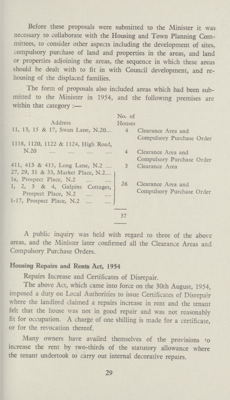 Before these proposals were submitted to the Minister it was necessary to collaborate with the Housing and Town Planning Com mittees, to consider other aspects including the development of sites, compulsory purchase of land and properties in the areas, and land or properties adjoining the areas, the sequence in which these areas should be dealt with to fit in with Council development, and re housing of the displaced families. The form of proposals also included areas which had been sub mitted to the Minister in 1954, and the following premises are within that category:— NO; Of Address Houses 11, 13, 15 & 17, Swan Lane, N.20 4 Clearance Area and Compulsory Purchase Order 1118, 1120, 1122 & 1124, High Road, N.20 4 Clearance Area and Compulsory Purchase Order 411, 413 & 415, Long Lane, N.2 3 Clearance Area 27, 29, 31 & 33, Market Place, N.2 la, Prospect Place, N.2 1, 2, 3, 4, Galpins Cottages, 26 Clearance Area and 1, 2, 3 & 4, Galpins Cottages, Compulsory Purchase Order Prospect Place, N.2 1-17, Prospect Place, N.2 37 A public inquiry was held with regard to three of the above areas, and the Minister later confirmed all the Clearance Areas and Compulsory Purchase Orders. Housing Repairs and Rents Act, 1954 Repairs Increase and Certificates of Disrepair. The above Act, which came into force on the 30th August, 1954, imposed a duty on Local Authorities to issue Certificates of Disrepair where the landlord claimed a repairs increase in rent and the tenant felt that the house was not in good repair and was not reasonably fit for occupation. A charge of one shilling is made for a certificate, or for the revocation thereof. Many owners have availed themselves of the provisions to increase the rent by two-thirds of the statutory allowance where the tenant undertook to carry out internal decorative repairs. 29