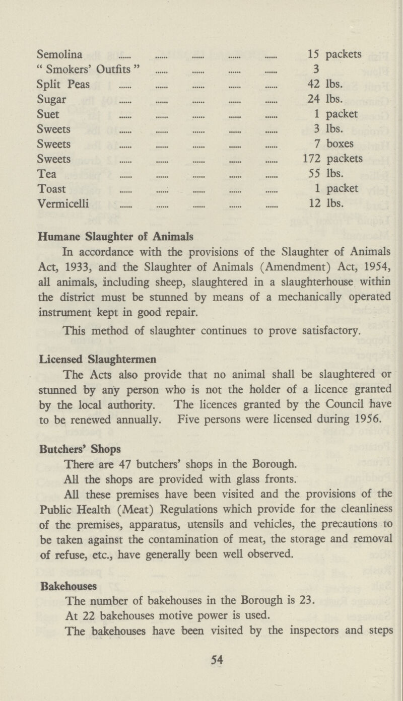 Semolina 15 packets Smokers' Outfits 3 Split Peas 42 lbs. Sugar 24 lbs. Suet 1 packet Sweets 3 lbs. Sweets 7 boxes Sweets 172 packets Tea 55 lbs. Toast 1 packet Vermicelli 12 lbs. Humane Slaughter of Animals In accordance with the provisions of the Slaughter of Animals Act, 1933, and the Slaughter of Animals (Amendment) Act, 1954, all animals, including sheep, slaughtered in a slaughterhouse within the district must be stunned by means of a mechanically operated instrument kept in good repair. This method of slaughter continues to prove satisfactory. Licensed Slaughtermen The Acts also provide that no animal shall be slaughtered or stunned by any person who is not the holder of a licence granted by the local authority. The licences granted by the Council have to be renewed annually. Five persons were licensed during 1956. Butchers' Shops There are 47 butchers' shops in the Borough. All the shops are provided with glass fronts. All these premises have been visited and the provisions of the Public Health (Meat) Regulations which provide for the cleanliness of the premises, apparatus, utensils and vehicles, the precautions to be taken against the contamination of meat, the storage and removal of refuse, etc., have generally been well observed. Bakehouses The number of bakehouses in the Borough is 23. At 22 bakehouses motive power is used. The bakehouses have been visited by the inspectors and steps 54