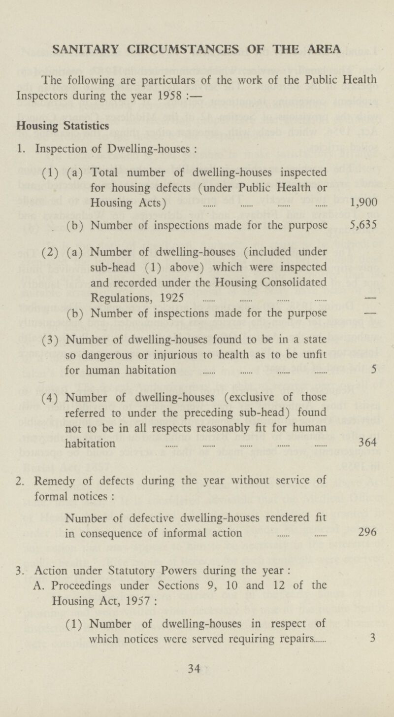 SANITARY CIRCUMSTANCES OF THE AREA The following are particulars of the work of the Public Health Inspectors during the year 1958:— Housing Statistics 1. Inspection of Dwelling-houses: (1) (a) Total number of dwelling-houses inspected for housing defects (under Public Health or Housing Acts) 1,900 (b) Number of inspections made for the purpose 5,635 (2) (a) Number of dwelling-houses (included under sub-head (1) above) which were inspected and recorded under the Housing Consolidated Regulations, 1925 (b) Number of inspections made for the purpose (3) Number of dwelling-houses found to be in a state so dangerous or injurious to health as to be unfit for human habitation 5 (4) Number of dwelling-houses (exclusive of those referred to under the preceding sub-head) found not to be in all respects reasonably fit for human habitation 364 2. Remedy of defects during the year without service of formal notices: Number of defective dwelling-houses rendered fit in consequence of informal action 296 3. Action under Statutory Powers during the year: A. Proceedings under Sections 9, 10 and 12 of the Housing Act, 1957: (1) Number of dwelling-houses in respect of which notices were served requiring repairs 3 34