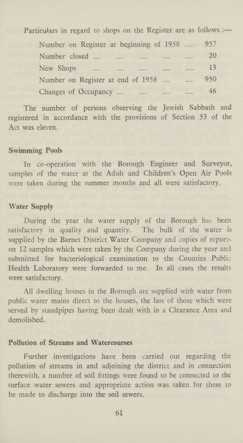 Particulars in regard to shops on the Register are as follows:— Number on Register at beginning of 1958 957 Number closed 20 New Shops 13 Number on Register at end of 1958 950 Changes of Occupancy 46 The number of persons observing the Jewish Sabbath and registered in accordance with the provisions of Section 53 of the Act was eleven. Swimming Pools In co-operation with the Borough Engineer and Surveyor, samples of the water at the Adult and Children's Open Air Pools were taken during the summer months and all were satisfactory. Water Supply During the year the water supply of the Borough has been satisfactory in quality and quantity. The bulk of the water is supplied by the Barnet District Water Company and copies of reports on 12 samples which were taken by the Company during the year and submitted for bacteriological examination to the Counties Public Health Laboratory were forwarded to me. In all cases the results were satisfactory. All dwelling houses in the Borough are supplied with water from public water mains direct to the houses, the last of those which were served by standpipes having been dealt with in a Clearance Area and demolished. Pollution of Streams and Watercourses Further investigations have been carried out regarding the pollution of streams in and adjoining the district and in connection therewith, a number of soil fittings were found to be connected to the surface water sewers and appropriate action was taken for these to be made to discharge into the soil sewers. 61