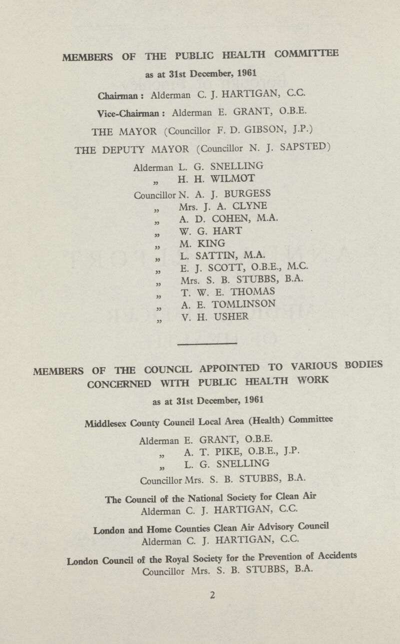 MEMBERS OF THE PUBLIC HEALTH COMMITTEE as at 31st December, 1961 Chairman: Alderman C. J. HARTIGAN, C.C. Vice-Chairman: Alderman E. GRANT, O.B.E. THE MAYOR (Councillor F. D. GIBSON, J.P.) THE DEPUTY MAYOR (Councillor N. J. SAPSTED) Alderman L. G. SNELLING H. H. WILMOT Councillor N. A. J. BURGESS Mrs. J. A. CLYNE A. D. COHEN, MA. „ W. G. HART „ M. KING L. SATTIN, M.A. „ E. J. SCOTT, O.B.E., M.C. Mrs. S. B. STUBBS, B.A. T. W. E. THOMAS A. E. TOMLINSON V. H. USHER MEMBERS OF THE COUNCIL APPOINTED TO VARIOUS BODIES CONCERNED WITH PUBLIC HEALTH WORK as at 31st December, 1961 Middlesex County Council Local Area (Health) Committee Alderman E. GRANT, O.B.E. A. T. PIKE, O.B.E., J.P. „ L. G. SNELLING Councillor Mrs. S. B. STUBBS, B.A. The Council of the National Society for Clean Air Alderman C. J. HARTIGAN, C.C. London and Home Counties Clean Air Advisory Council Alderman C. J. HARTIGAN, C.C. London Council of the Royal Society for the Prevention of Accidents Councillor Mrs. S. B. STUBBS, B.A. 2