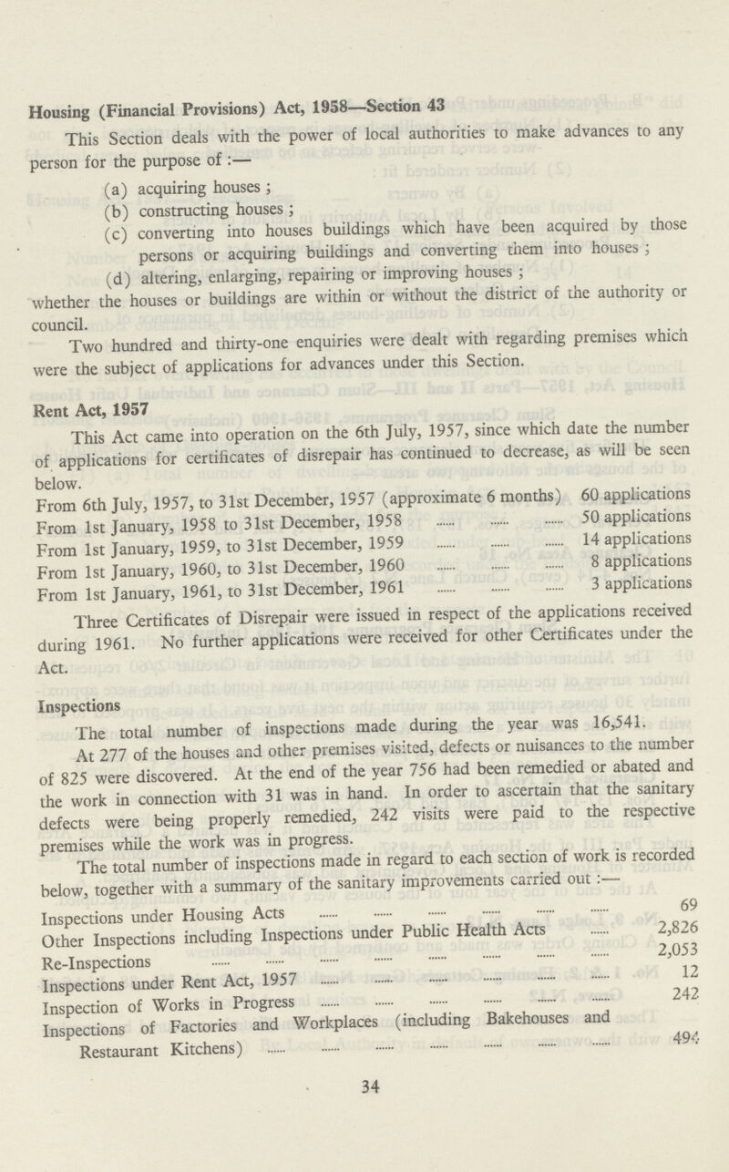Housing (Financial Provisions) Act, 1958—Section 43 This Section deals with the power of local authorities to make advances to any person for the purpose of:— (a) acquiring houses; (b) constructing houses; (c) converting into houses buildings which have been acquired by those persons or acquiring buildings and converting them into houses; (d) altering, enlarging, repairing or improving houses; whether the houses or buildings are within or without the district of the authority or council. Two hundred and thirty-one enquiries were dealt with regarding premises which were the subject of applications for advances under this Section. Rent Act, 1957 This Act came into operation on the 6th July, 1957, since which date the number of applications for certificates of disrepair has continued to decrease, as will be seen below. From 6th July, 1957, to 31st December, 1957 (approximate 6 months) 60 applications From 1st January, 1958 to 31st December, 1958 50 applications From 1st January, 1959, to 31st December, 1959 14 applications From 1st January, 1960, to 31st December, 1960 8 applications From 1st January, 1961, to 31st December, 1961 3 applications Three Certificates of Disrepair were issued in respect of the applications received during 1961. No further applications were received for other Certificates under the Act. Inspections The total number of inspections made during the year was 16,541. At 277 of the houses and other premises visited, defects or nuisances to the number of 825 were discovered. At the end of the year 756 had been remedied or abated and the work in connection with 31 was in hand. In order to ascertain that the sanitary defects were being properly remedied, 242 visits were paid to the respective premises while the work was in progress. The total number of inspections made in regard to each section of work is recorded below, together with a summary of the sanitary improvements carried out:- Inspections under Housing Acts 69 Other Inspections including Inspections under Public Health Acts 2,826 Re-Inspections 2,053 Inspections under Rent Act, 1957 12 Inspection of Works in Progress 242 Inspections of Factories and Workplaces (including Bakehouses and Restaurant Kitchens) 494 34