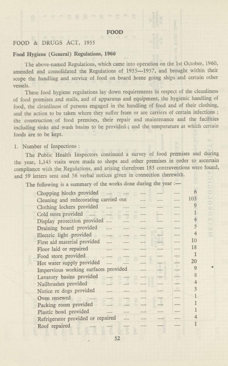 FOOD FOOD & DRUGS ACT, 1955 Food Hygiene (General) Regulations, 1960 The above-named Regulations, which came into operation on the 1st October, 1960, amended and consolidated the Regulations of 1955—1957, and brought within their scope the handling and service of food on board home going ships and certain other vessels. These food hygiene regulations lay down requirements in respect of the cleanliness of food premises and stalls, and of apparatus and equipment, the hygienic handling of food, the cleanliness of persons engaged in the handling of food and of their clothing, and the action to be taken where they suffer from or are carriers of certain infections; the construction of food premises, their repair and maintenance and the facilities including sinks and wash basins to be provided; and the temperature at which certain foods are to be kept. 1. Number of Inspections: The Public Health Inspectors continued a survey of food premises and during the year, 1,145 visits were made to shops and other premises in order to ascertain compliance with the Regulations, and arising therefrom 185 contraventions were found, and 59 letters sent and 56 verbal notices given in connection therewith. The following is a summary of the works done during the year:— Chopping blocks provided 6 Cleaning and redecorating carried out 103 Clothing lockers provided 9 Cold store provided 1 Display protection provided 4 Draining board provided 5 Electric light provided 4 First aid material provided 10 Floor laid or repaired 18 Food store provided 1 Hot water supply provided 20 Impervious working surfaces provided 9 Lavatory basins provided 8 Nailbrushes provided 4 Notice re dogs provided 3 Oven renewed 1 Packing room provided 1 Plastic bowl provided 1 Refrigerator provided or repaired 4 Roof repaired 1 52