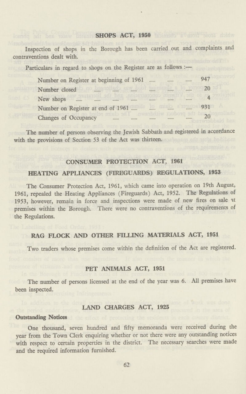 SHOPS ACT, 1950 Inspection of shops in the Borough has been carried out and complaints and contraventions dealt with. Particulars in regard to shops on the Register are as follows:— Number on Register at beginning of 1961 947 Number closed 20 New shops 4 Number on Register at end of 1961 931 Changes of Occupancy 20 The number of persons observing the Jewish Sabbath and registered in accordance with the provisions of Section 53 of the Act was thirteen. CONSUMER PROTECTION ACT, 1961 HEATING APPLIANCES (FIREGUARDS) REGULATIONS, 1953 The Consumer Protection Act, 1961, which came into operation on 19th August, 1961, repealed the Heating Appliances (Fireguards) Act, 1952. The Regulations of 1953, however, remain in force and inspections were made of new fires on sale at premises within the Borough. There were no contraventions of the requirements of the Regulations. RAG FLOCK AND OTHER FILLING MATERIALS ACT, 1951 Two traders whose premises come within the definition of the Act are registered. PET ANIMALS ACT, 1951 The number of persons licensed at the end of the year was 6. All premises have been inspected. LAND CHARGES ACT, 1925 Outstanding Notices One thousand, seven hundred and fifty memoranda were received during the year from the Town Clerk enquiring whether or not there were any outstanding notices with respect to certain properties in the district. The necessary searches were made and the required information furnished. 62