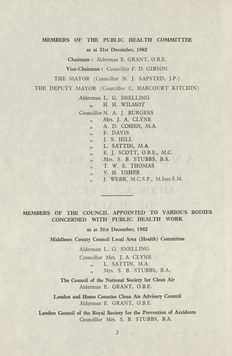 MEMBERS OF THE PUBLIC HEALTH COMMITTEE as at 31st December, 1962 Chairman: Alderman E. GRANT, O.B.E. Vice-Chairman: Councillor F. D. GIBSON THE MAYOR (Councillor N. J. SAPSTED, J.P.) THE DEPUTY MAYOR (Councillor C. HARCOURT KITCHIN) Alderman L. G. SNELLING „ H. H. WILMOT Councillor N. A. J. BURGESS „ Mrs. J. A. CLYNE „ A. D. COHEN, M.A. „ F. DAVIS „ J. S. HILL „ L. SATTIN, M.A. „ E. J. SCOTT, O.B.E., M.C. „ Mrs. S. B. STUBBS, B.A. „ T. W. E. THOMAS „ V. H. USHER „ J. WEBB, M.C.S.P., M.Inst.S.M. MEMBERS OF THE COUNCIL APPOINTED TO VARIOUS BODIES CONCERNED WITH PUBLIC HEALTH WORK as at 31st December, 1962 Middlesex County Council Local Area (Health) Committee Alderman L. G. SNELLING Councillor Mrs. J. A. CLYNE „ L. SATTIN, M.A. „ Mrs. S. B. STUBBS, B.A. The Council of the National Society for Clean Air Alderman E. GRANT, O.B.E. London and Home Counties Clean Air Advisory Council Alderman E. GRANT, O.B.E. London Council of the Royal Society for the Prevention of Accidents Councillor Mrs. S. B. STUBBS, B.A. 2
