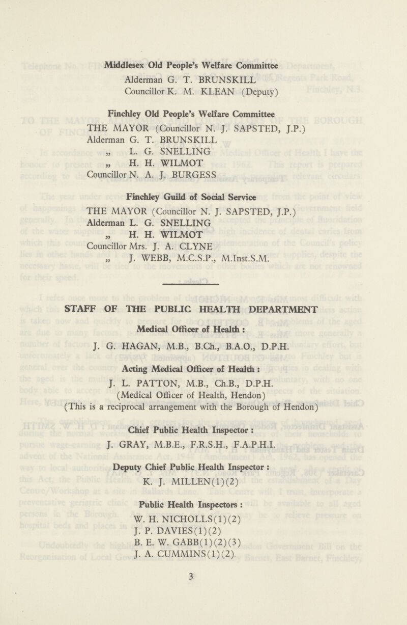 Middlesex Old People's Welfare Committee Alderman G. T. BRUNSKILL Councillor K. M. KLEAN (Deputy) Finchley Old People's Welfare Committee THE MAYOR (Councillor N. J. SAPSTED, J.P.) Alderman G. T. BRUNSKILL „ L. G. SNELLING „ H. H. WILMOT Councillor N. A. J. BURGESS Finchley Guild of Social Service THE MAYOR (Councillor N. J. SAPSTED, J.P.) Alderman L. G. SNELLING „ H. H. WILMOT Councillor Mrs. J. A. CLYNE „ J. WEBB, M.C.S.P., M.Inst.S.M. STAFF OF THE PUBLIC HEALTH DEPARTMENT Medical Officer of Health: J. G. HAGAN, M.B., B.Ch., B.A.O., D.P.H. Acting Medical Officer of Health: J. L. PATTON, M.B., Ch.B., D.P.H. (Medical Officer of Health, Hendon) (This is a reciprocal arrangement with the Borough of Hendon) Chief Public Health Inspector: J. GRAY,M.B.E.,F.R.S.H.,F.A.P.H.I. Deputy Chief Public Health Inspector: K. J. MILLEN(1)(2) Public Health Inspectors: W. H. NICHOLLS(1) (2) J. P. DAVIES(1)(2) B. E. W. GABB(1)(2)(3) J. A. CUMMINS(l)(2). 3
