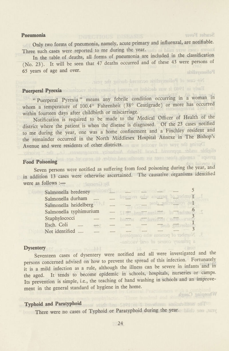 Pneumonia Only two forms of pneumonia, namely, acute primary and influenzal, are notifiable. Three such cases were reported to me during the year. In the table of deaths, all forms of pneumonia are included in the classification (No. 23). It will be seen that 47 deaths occurred and of these 43 were persons of 65 years of age and over. Puerperal Pyrexia Puerperal Pyrexia means any febrile condition occurring in a woman in whom a temperature of 100.4° Fahrenheit (38° Centigrade) or more has occurred within fourteen days after childbirth or miscarriage. Notification is required to be made to the Medical Officer of Health of the district where the patient is when the disease is diagnosed. Of the 23 cases notified to me during the year, one was a home confinement and a Finchley resident and the remainder occurred in the North Middlesex Hospital Annexe in The Bishop's Avenue and were residents of other districts. Food Poisoning Seven persons were notified as suffering from food poisoning during the year, and in addition 13 cases were otherwise ascertained. The causative organisms identified were as follows:— Salmonella bredeney 5 Salmonella durham 1 Salmonella heidelberg 1 Salmonella typhimurium 6 Staphylococci 3 Esch. Coli 1 Not identified 3 Dysentery Seventeen cases of dysentery were notified and all were investigated and the persons concerned advised on how to prevent the spread of this infection. Fortunately it is a mild infection as a rule, although the illness can be severe in infants and in the aged. It tends to become epidemic in schools, hospitals, nurseries or camps. Its prevention is simple, i.e., the teaching of hand washing in schools and an improve ment in the general standard of hygiene in the home. Typhoid and Paratyphoid There were no cases of Typhoid or Paratyphoid during the year. 24
