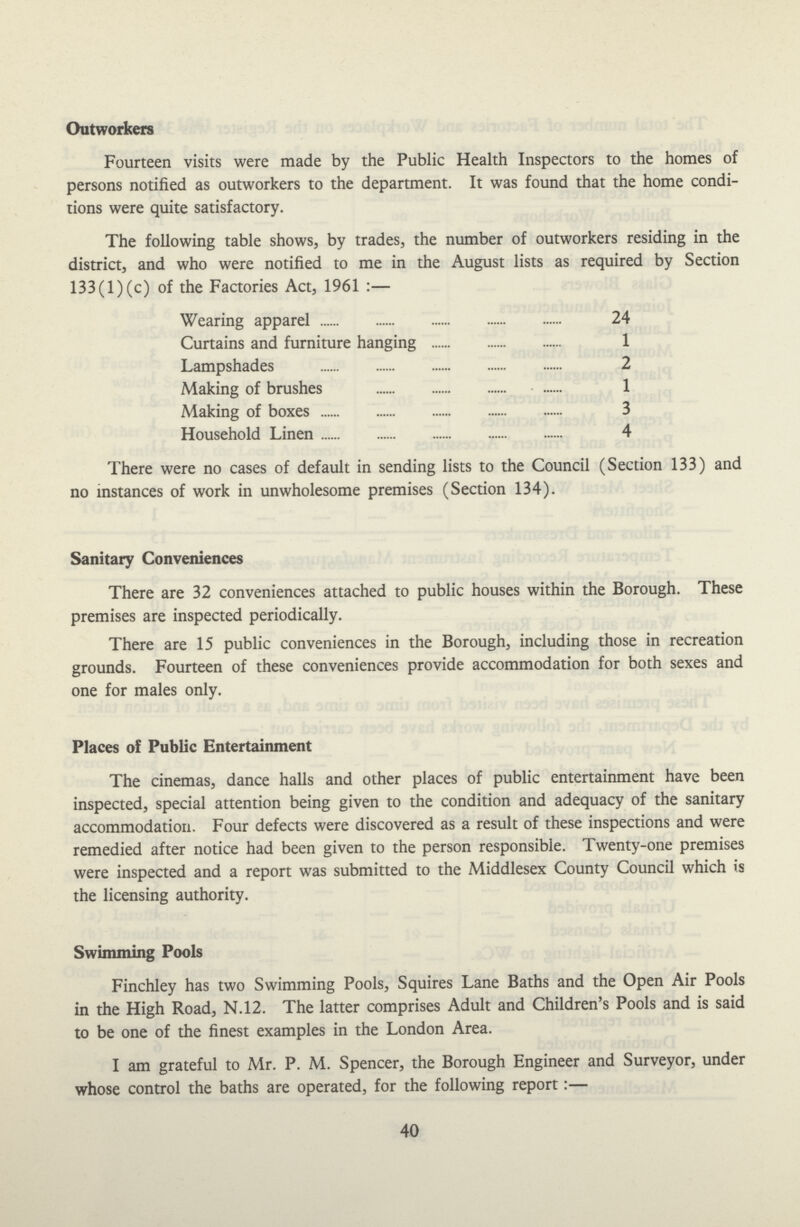 Outworkers Fourteen visits were made by the Public Health Inspectors to the homes of persons notified as outworkers to the department. It was found that the home condi tions were quite satisfactory. The following table shows, by trades, the number of outworkers residing in the district, and who were notified to me in the August lists as required by Section 133 (1) (c) of the Factories Act, 1961:— Wearing apparel 24 Curtains and furniture hanging 1 Lampshades 2 Making of brushes 1 Making of boxes 3 Household Linen 4 There were no cases of default in sending lists to the Council (Section 133) and no instances of work in unwholesome premises (Section 134). Sanitary Conveniences There are 32 conveniences attached to public houses within the Borough. These premises are inspected periodically. There are 15 public conveniences in the Borough, including those in recreation grounds. Fourteen of these conveniences provide accommodation for both sexes and one for males only. Places of Public Entertainment The cinemas, dance halls and other places of public entertainment have been inspected, special attention being given to the condition and adequacy of the sanitary accommodation. Four defects were discovered as a result of these inspections and were remedied after notice had been given to the person responsible. Twenty-one premises were inspected and a report was submitted to the Middlesex County Council which is the licensing authority. Swimming Pools Finchley has two Swimming Pools, Squires Lane Baths and the Open Air Pools in the High Road, N.12. The latter comprises Adult and Children's Pools and is said to be one of the finest examples in the London Area. I am grateful to Mr. P. M. Spencer, the Borough Engineer and Surveyor, under whose control the baths are operated, for the following report:— 40