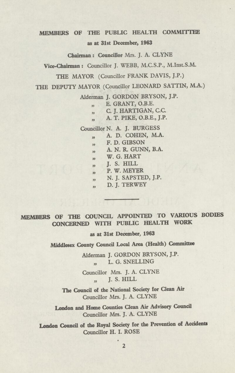 MEMBERS OF THE PUBLIC HEALTH COMMITTEE as at 31st December, 1963 Chairman : Councillor Mrs. J. A. CLYNE Vice-Chairman : Councillor J. WEBB, M.C.S.P., M.Inst.S.M. THE MAYOR (Councillor FRANK DAVIS, J.P.) THE DEPUTY MAYOR (Councillor LEONARD SATTIN, M.A.) Alderman J. GORDON BRYSON, J.P. E. GRANT, O.B.E. C. J. HARTIGAN, C.C. A. T. PIKE, O.B.E., J.P. Councillor N. A. J. BURGESS A. D. COHEN, M.A. „ F. D. GIBSON „ A. N. R. GUNN, B.A. W. G. HART J. S. HILL P. W. MEYER N. J. SAPSTED, J.P. „ D. J. TERWEY MEMBERS OF THE COUNCIL APPOINTED TO VARIOUS BODIES CONCERNED WITH PUBLIC HEALTH WORK as at 31st December, 1963 Middlesex County Council Local Area (Health) Committee Alderman J. GORDON BRYSON, J.P. „ L. G. SNELLING Councillor Mrs. J. A. CLYNE „ J. S. HILL The Council of the National Society for Clean Air Councillor Mrs. J. A. CLYNE London and Home Counties Clean Air Advisory Council Councillor Mrs. J. A. CLYNE London Council of the Royal Society for the Prevention of Accidents Councillor H. I. ROSE 2