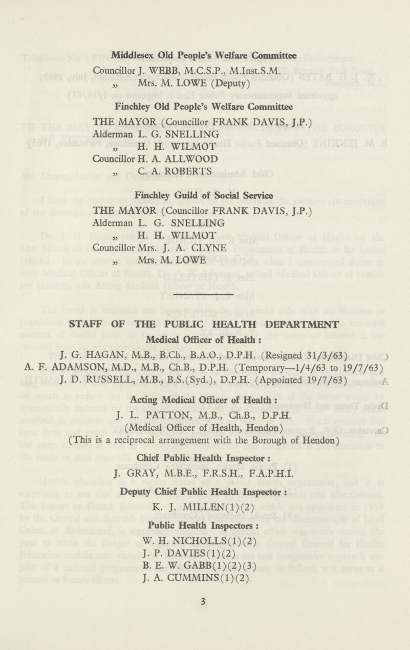 Middlesex Old People's Welfare Committee Councillor J. WEBB, M.C.S.P., M.Inst.S.M. Mrs. M. LOWE (Deputy) Finchley Old People's Welfare Committee THE MAYOR (Councillor FRANK DAVIS, J.P.) Alderman L. G. SNELLING H. H. WILMOT Councillor H. A. ALLWOOD C. A. ROBERTS Finchley Guild of Social Service THE MAYOR (Councillor FRANK DAVIS, J.P.) Alderman L. G. SNELLING H. H. WILMOT Councillor Mrs. J. A. CLYNE Mrs. M. LOWE STAFF OF THE PUBLIC HEALTH DEPARTMENT Medical Officer of Health : J. G. HAGAN, M.B., B.Ch., B.A.O., D.P.H. (Resigned 31/3/63) A. F. ADAMSON, M.D., M.B., Ch.B., D.P.H. (Temporary—1/4/63 to 19/7/63) J. D. RUSSELL, M.B., B.S.(Syd.), D.P.H. (Appointed 19/7/63) Acting Medical Officer of Health: J. L. PATTON, M.B., Ch.B., D.P.H. (Medical Officer of Health, Hendon) (This is a reciprocal arrangement with the Borough of Hendon) Chief Public Health Inspector: J. GRAY, M.B.E., F.R.S.H., F.A.P.H.I. Deputy Chief Public Health Inspector: K. J. MILLEN(1)(2) Public Health Inspectors: W. H. NICHOLLS(l)(2) J. P. DAVIES(l)(2) B. E. W. GABB(1)(2)(3) J. A. CUMMINS (1) (2) 3