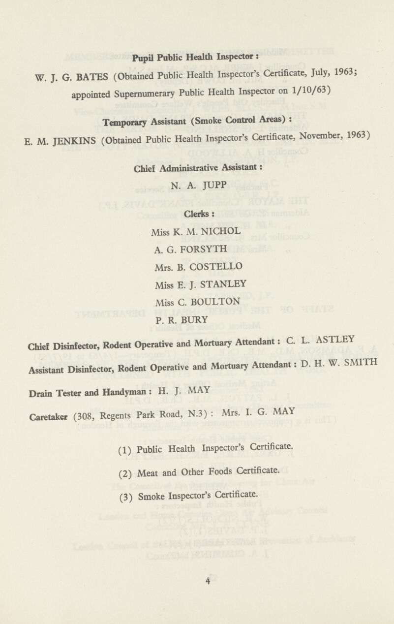 Pupil Public Health Inspector: W. J. G. BATES (Obtained Public Health Inspector's Certificate, July, 1963; appointed Supernumerary Public Health Inspector on 1/10/63) Temporary Assistant (Smoke Control Areas): E. M. JENKINS (Obtained Public Health Inspector's Certificate, November, 1963) Chief Administrative Assistant: N. A. JUPP Clerks: Miss K. M. NICHOL A. G. FORSYTH Mrs. B. COSTELLO Miss E. J. STANLEY Miss C. BOULTON P. R. BURY Chief Disinfector, Rodent Operative and Mortuary Attendant: C. L. ASTLEY Assistant Disinfector, Rodent Operative and Mortuary Attendant: D. H. W. SMITH Drain Tester and Handyman: H. J. MAY Caretaker (308, Regents Park Road, N.3) : Mrs. I. G. MAY (1) Public Health Inspector's Certificate. (2) Meat and Other Foods Certificate. (3) Smoke Inspector's Certificate. 4