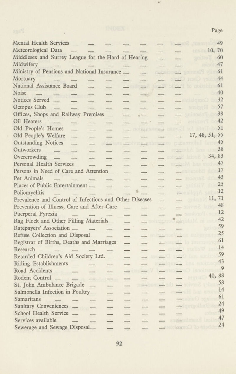 Page Mental Health Services 49 Meteorological Data 10, 70 Middlesex and Surrey League for the Hard of Hearing 60 Midwifery 47 Ministry of Pensions and National Insurance 61 Mortuary 44 National Assistance Board 61 Noise 40 Notices Served 32 Octopus Club 57 Offices, Shops and Railway Premises 38 Oil Heaters 42 Old People's Homes 51 Old People's Welfare 17, 48, 51, 55 Outstanding Notices 45 Outworkers 38 Overcrowding 34, 83 Personal Health Services 47 Persons in Need of Care and Attention 17 Pet Animals 43 Places of Public Entertainment 25 Poliomyelitis 12 Prevalence and Control of Infectious and Other Diseases 11, 71 Prevention of Illness, Care and After-Care 48 Puerperal Pyrexia 12 Rag Flock and Other Filling Materials 42 Ratepayers' Association 59 Refuse Collection and Disposal 25 Registrar of Births, Deaths and Marriages 61 Research Retarded Children's Aid Society Ltd. 59 Riding Establishments 43 Road Accidents 9 Rodent Control 40, 88 St. John Ambulance Brigade 58 Salmonella Infection in Poultry 14 Samaritans 61 Sanitary Conveniences 24 School Health Service 49 Services available 47 Sewerage and Sewage Disposal 24 92