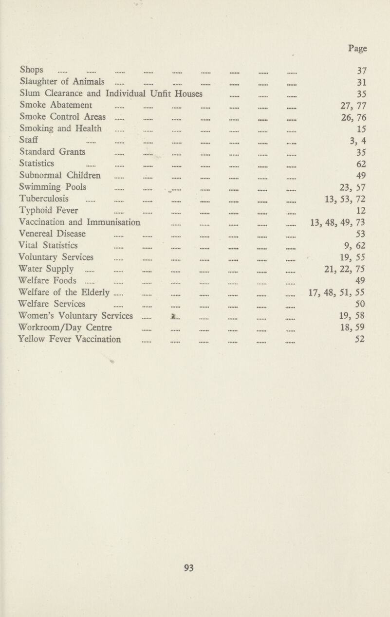 Page Shops 37 Slaughter of Animals 31 Slum Clearance and Individual Unfit Houses 35 Smoke Abatement 27, 77 Smoke Control Areas 26, 76 Smoking and Health 15 Staff 3, 4 Standard Grants 35 Statistics 62 Subnormal Children 49 Swimming Pools 23, 57 Tuberculosis 13, 53, 72 Typhoid Fever 12 Vaccination and Immunisation 13, 48, 49, 73 Venereal Disease 53 Vital Statistics 9, 62 Voluntary Services 19, 55 Water Supply 21,22, 75 Welfare Foods 49 Welfare of the Elderly 17, 48, 51, 55 Welfare Services 50 Women's Voluntary Services 19, 58 Workroom/Day Centre 18,59 Yellow Fever Vaccination 52 93