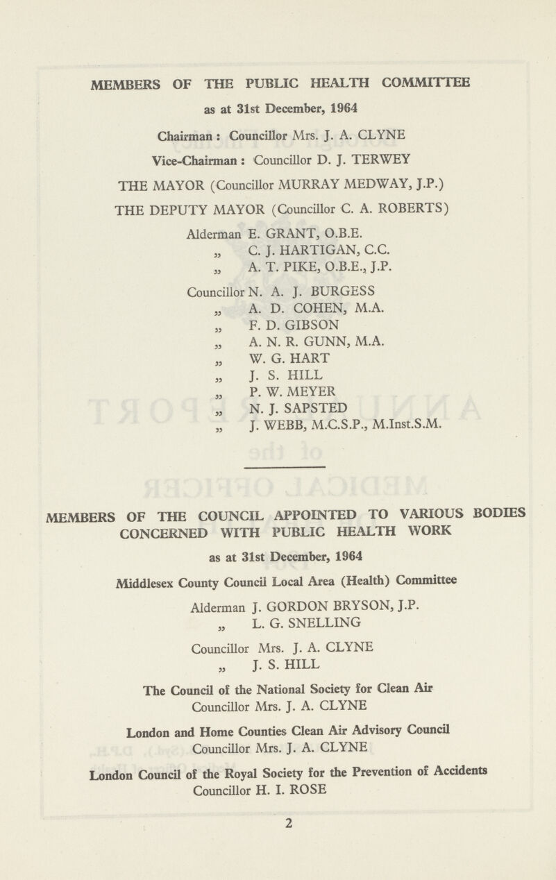 MEMBERS OF THE PUBLIC HEALTH COMMITTEE as at 31st December, 1964 Chairman: Councillor Mrs. J. A. CLYNE Vice-Chairman : Councillor D. J. TERWEY THE MAYOR (Councillor MURRAY MED WAY, J.P.) THE DEPUTY MAYOR (Councillor C. A. ROBERTS) Alderman E. GRANT, O.B.E. C. J. HARTIGAN, C.C. A. T. PIKE, O.B.E., J.P. Councillor N. A. J. BURGESS A. D. COHEN, M.A. F. D. GIBSON A. N. R. GUNN, M.A. W. G. HART J. S. HILL „ P. W. MEYER N. J. SAPSTED J. WEBB, M.C.S.P., M.Inst.S.M. MEMBERS OF THE COUNCIL APPOINTED TO VARIOUS BODIES CONCERNED WITH PUBLIC HEALTH WORK as at 31st December, 1964 Middlesex County Council Local Area (Health) Committee Alderman J. GORDON BRYSON, J.P. L. G. SNELLING Councillor Mrs. J. A. CLYNE J. S. HILL The Council of the National Society for Clean Air Councillor Mrs. J. A. CLYNE London and Home Counties Clean Air Advisory Council Councillor Mrs. J. A. CLYNE London Council of the Royal Society for the Prevention of Accidents Councillor H. I. ROSE 2