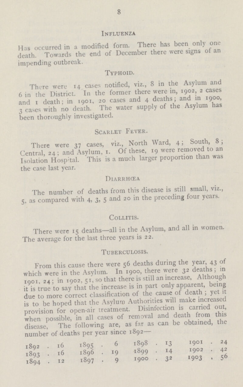 8 Influenza Has occurred in a modified form. There has been only one death. Towards the end of December there were signs of an impending outbreak. Typhoid. There were 14 cases notified, viz., 8 in the Asylum and 6 in the District. In the former there were in, 1902, 2 cases and 1 death; in 1901, 20 cases and 4 deaths; and in 1900, 3 cases with no death. The water supply of the Asylum has been thoroughly investigated. Scarlet Fever. There were 37 cases, viz., North Ward, 4; South, 8; Central, 24 ; and Asylum, 1. Of these, 19 were removed to an Isolation Hospital. This is a much larger proportion than was the case last year. Diarrhcea The number of deaths from this disease is still small, viz., 5, as compared with 4, 3, 5 and 20 in the preceding four years. Collitis. There were 15 deaths—all in the Asylum, and all in women. The average for the last three years is 22. Tuberculosis. From this cause there were 56 deaths during the year, 43 of which were in the Asylum. In 1900, there were 32 deaths ; in 1901, 24; in 1902, 51, so that there is still an increase, Although it is true to say that the increase is in part only apparent, being due to more correct classification of the cause of death ; yet it is to be hoped that the Asylum Authorities will make increased provision for open-air treatment. Disinfection is carried out, when possible, in all cases of removal and death from this disease, The following are, as far as can be obtained, the number of deaths per year since 1892— 1892 . 16 1895 . 6 1898 . 13 1901 . 24 1893 . 16 1896 . 19 1899 . 14 1902 . 42 1894 . 12 1897 . 9 1900 . 32 1903 , 56