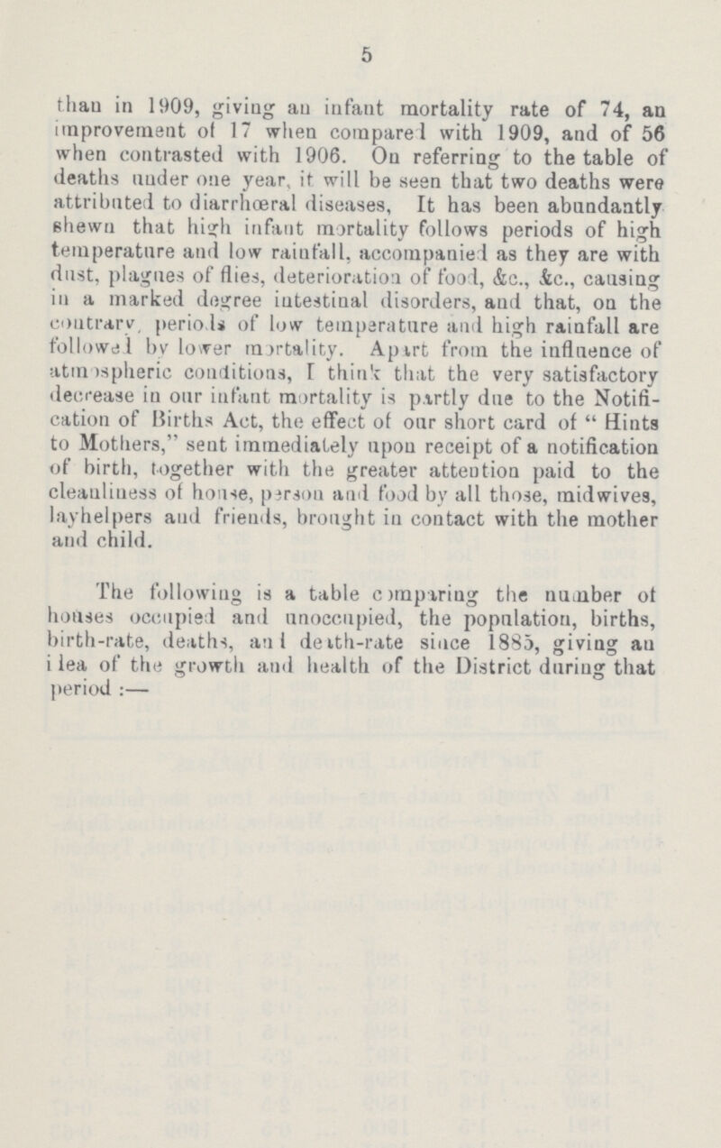 5 than in 1909, giving an infant mortality rate of 74, an improvement of 17 when compare 1 with 1909, and of 56 when contrasted with 1906. On referring to the table of deaths under one year, it will be seen that two deaths were attributed to diarrhœral diseases, It has been abundantly shewn that high infant mortality follows periods of high temperature and low rainfall, accompanied as they are with dust, plagues of flies, deterioration of food, &c., &c., causing in a marked degree intestinal disorders, and that, on the contrary, periods of low temperature and high rainfall are followed by lower mortality. Apart from the influence of atmospheric conditions, I think that the very satisfactory decrease in our infant mortality is partly due to the Notifi cation of Births Act, the effect of our short card of  Hints to Mothers, sent immediately upon receipt of a notification of birth, together with the greater attention paid to the cleanliness of house, person and food by all those, midwives, lay helpers and friends, brought in contact with the mother and child. The following is a table comparing the number of houses occupied and unoccupied, the population, births, birth-rate, deaths, and death-rate since 1885, giving an idea of the growth and health of the District during that period:—