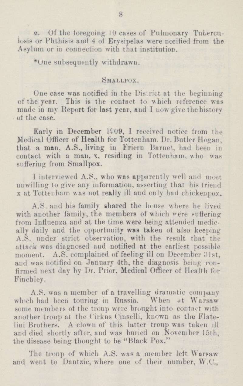 8 a. Of the foregoing 10 cases of Pulmonary Tubercu losis or Phthisis and 4 of Erysipelas were norified from the Asylum or in connection with that institution. One subsequently withdrawn. Smallpox. One case was notified in the District at the beginning of the year. This is the contact to which reference was made in my Report for last year, and I now give the history of the case. Early in December 1909, I received notice from the Medical Officer of Health for Tottenham. Dr. Butler Hogan, that a man, A.S., living in Friern Barnet, had been in contact with a man, x, residing in Tottenham, who was suffering from Smallpox. I interviewed A.S., who was apparently well and most unwilling to give any information, asserting that his friend x at Tottenham was not really ill and only had chickenpox. A.S. and his family shared the house where he lived with another family, the members of which were suffering from Influenza and at the time were being attended medic ally daily and the opportunity was taken of also keeping A.S. under strict observation, with the result that the attack was diagnosed and notified at the earliest possible moment. A.S. complained of feeling ill on December 31st, aud was notified on January 4th, the diagnosis being con firmed next day by Dr. Prior, Medical Officer of Health for Finchley. A.S. was a member of a travelling dramatic company which had been touring in Russia. When at Warsaw some members of the troup were brought into contact with another troup at the Cirkus Ciuselli, known as the Flate lini Brothers. A clown of this latter troup was taken ill and died shortly after, and was buried on November 15th, the disease being thought to be Black Pox. The troup of which A.S. was a member left Warsaw and went to Dantzic, where one of their number, W.C.,
