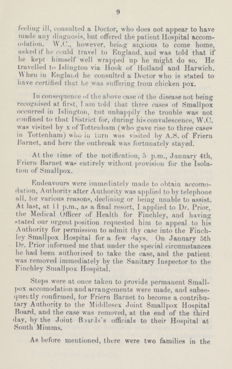 9 feeling ill, consulted a Doctor, who does not appear to have made any diagnosis, but offered the patient Hospital accom odation. W.C., however, being anxious to come home, asked if he could travel to England, and was told that if he kept himself well wrapped up he might do so. He travelled to Islington via Hook of Holland and Harwich. When in England he consulted a Doctor who is stated to have certified that he was suffering from chicken pox. In consequence of the above case of the disease not being recognised at first, I am told that three cases of Smallpox occurred in Islington, but unhappily the trouble was not confined to that District for, during his convalescence, W.C. was visited by x of Tottenham (who gave rise to three cases in Tottenham) who in turn was visited by A.S. of Friern Barnet, and here the outbreak was fortunately stayed. At the lime of the notification, 5 p.m., January 4th, Friern Barnet was entirely without provision for the Isola tion of Smallpox. Endeavours were immediately made to obtain accomo dation, Authority after Authority was applied to by telephone all, tor various reasons, declining or being unable to assist. At last, at 1 1 p.m., as a final resort, I applied to Dr. Prior, the Medical Officer of Health for Finchley, and having stated our urgent position requested him to appeal to his Authority for permission to admit thy case into the Finch ley Smallpox Hospital for a few flays. On January 5th Dr. Prior informed me that under the special circumstances he had been authorised to take the case, and the patient was removed immediately by the Sanitary Inspector to the Finchley Smallpox Hospital. Steps were at once taken to provide permanent Small pox accomodation and arrangements were made, and subse quently confirmed, for Friern Barnet to become a contribu tary Authority to the Middlesex Joint Smallpox Hospital Board, and the case was removed, at the end of the third day, by the Joint Board's officials to their Hospital at South Mimms. As before mentioned, there were two families in the