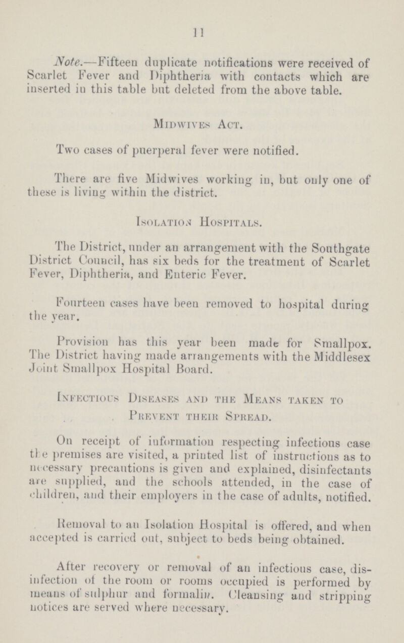 11 Note.—Fifteen duplicate notifications were received of Scarlet Fever and Diphtheria with contacts which are inserted iu this table but deleted from the above table. Midwives Act. Two cases of puerperal fever were notified. There are five Midwives working iu, but only one of these is living within the district. Isolation Hospitals. The District, under an arrangement with the Southgate District Council, has six beds for the treatment of Scarlet Fever, Diphtheria, and Enteric Fever. Fourteen cases have been removed to hospital during the year. Provision has this year been made for Smallpox. The District having made arrangements with the Middlesex Joint Smallpox Hospital Board. Infectious Diseases and the Means taken to Prevent their Spread. On receipt of information respecting infectious case the premises are visited, a printed list of instructions as to necessary precautions is given and explained, disinfectants are supplied, and the schools attended, in the case of children, and their employers in the case of adults, notified. Removal to an Isolation Hospital is offered, and when accepted is carried out, subject to beds being obtained. After recovery or removal of an infectious case, dis infection of the room or rooms occupied is performed by means of sulphur and formalin. Cleansing and stripping notices are served where necessary.
