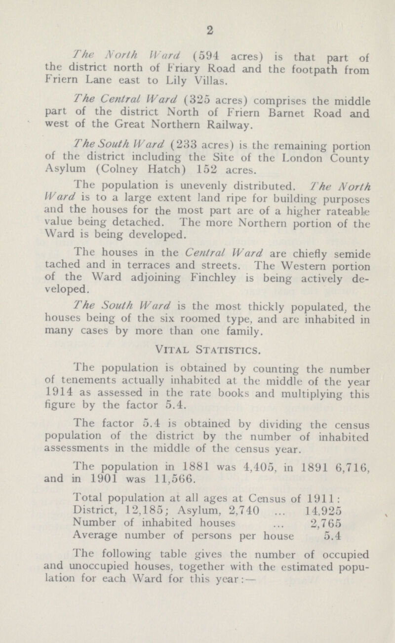 2 The North Ward (594 acres) is that part of the district north of Friary Road and the footpath from Friern Lane east to Lily Villas. The Central Ward (325 acres) comprises the middle part of the district North of Friern Barnet Road and west of the Great Northern Railway. The South Ward (233 acres) is the remaining portion of the district including the Site of the London County Asylum (Colney Hatch) 152 acres. The population is unevenly distributed. The North Ward is to a large extent land ripe for building purposes and the houses for the most part are of a higher rateable value being detached. The more Northern portion of the Ward is being developed. The houses in the Central Ward are chiefly semide tached and in terraces and streets. The Western portion of the Ward adjoining Finchley is being actively de veloped. The South Ward is the most thickly populated, the houses being of the six roomed type, and are inhabited in many cases by more than one family. Vital Statistics. The population is obtained by counting the number of tenements actually inhabited at the middle of the year 1914 as assessed in the rate books and multiplying this figure by the factor 5.4. The factor 5.4 is obtained by dividing the census population of the district by the number of inhabited assessments in the middle of the census year. The population in 1881 was 4,405, in 1891 6,716, and in 1901 was 11,566. Total population at all ages at Census of 1911: District, 12,185; Asylum, 2,740 14,925 Number of inhabited houses 2,765 Average number of persons per house 5.4 The following table gives the number of occupied and unoccupied houses, together with the estimated popu lation for each Ward for this year: —