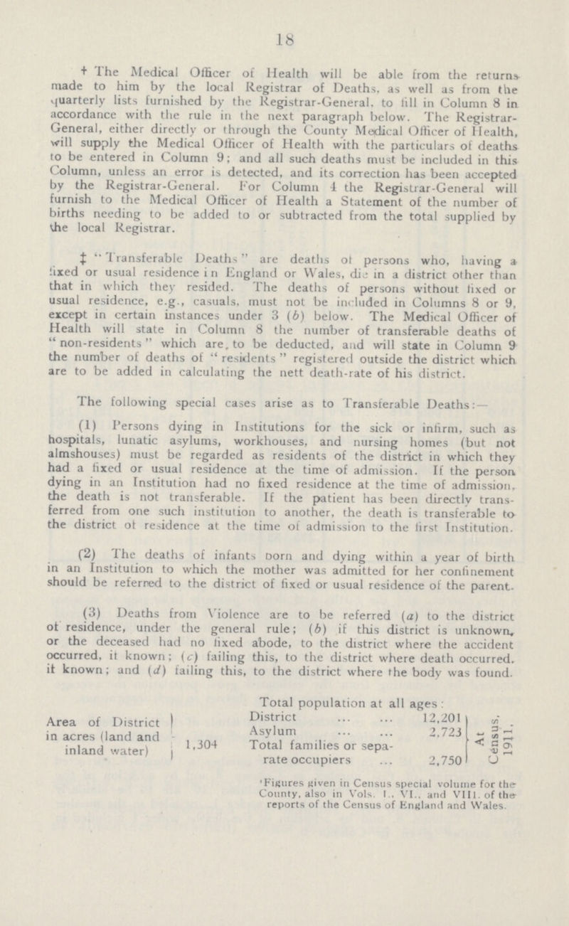 18 + The Medical Officer of Health will be able from the returns made to him by the local Registrar of Deaths, as well as from the quarterly lists furnished by the Registrar-General, to till in Column 8 in accordance with the rule in the next paragraph below. The Registrar General, either directly or through the County Medical Officer of Health, will supply the Medical Officer of Health with the particulars of deaths to be entered in Column 9; and all such deaths must be included in this Column, unless an error is detected, and its correction has been accepted by the Registrar-General. For Column 4 the Registrar-General will furnish to the Medical Officer of Health a Statement of the number of births needing to be added to or subtracted from the total supplied by the local Registrar. ‡ ''Transferable Deaths are deaths ot persons who, having a lixed or usual residence i n England or Wales, die in a district other than that in which they resided. The deaths of persons without lixed or usual residence, e.g., casuals, must not be included in Columns 8 or 9, except in certain instances under 3 (b) below. The Medical Officer of Health will state in Column 8 the number of transferable deaths of non-residents which are, to be deducted, and will state in Column 9 the number of deaths of residents registered outside the district which are to be added in calculating the nett death-rate of his district. The following special cases arise as to Transferable Deaths: — (1) Persons dying in Institutions for the sick or infirm, such as hospitals, lunatic asylums, workhouses, and nursing homes (but not almshouses) must be regarded as residents of the district in which they had a fixed or usual residence at the time of admission. If the person dying in an Institution had no fixed residence at the time of admission, the death is not transferable. If the patient has been directly trans ferred from one such institution to another, the death is transferable to the district ot residence at the time of admission to the first Institution. (2) The deaths of infants Dorn and dying within a year of birth in an Institution to which the mother was admitted for her confinement should be referred to the district of fixed or usual residence of the parent. (3) Deaths from Violence are to be referred (a) to the district ot residence, under the general rule; (6) if this district is unknown, or the deceased had no lixed abode, to the district where the accident occurred, it known; (c) failing this, to the district where death occurred, it known; and (d) failing this, to the district where the body was found. Total population at all ages: Area of Diistrict in acres (land and inland water) District 12,201 Asylum 2,723 1,304 Total families or sepa- At Census 1911 rate occupiers 2,750 'Figures given in Census special volume for the County, also in Vols. I., VI.. and VIII. of the reports of the Census of England and Wales.