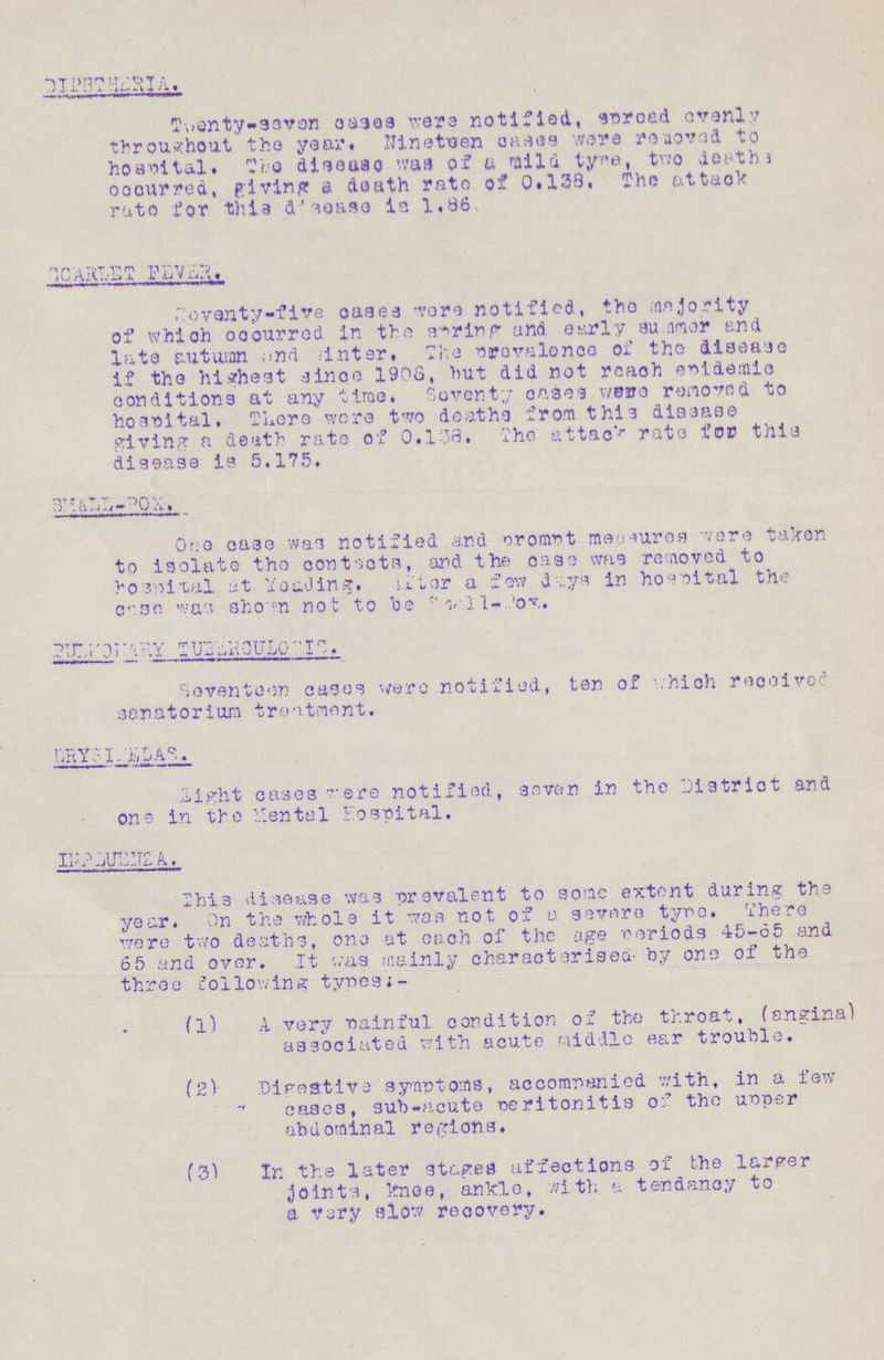 DIPHTHERIA Twenty-saven cases ware notified, spread avanly throughout the year. nineteen cases ware ramoved to hospital.The disease was of a mild tyre, two deaths occurred, giving a death rate of 0.138, The attack rate for this disease is 1.86. SCARLET FEVER. Seventy-five cases were notified, the majority of which occurred in the spring and early summer and lata autumn and inter. The prevalence of the disease if the highest since 1908, but did not reach epidemic conditions at any time. Seventy cases were removed to hospital. There were two deaths from this disease giving a death rate of 0.138. The attack rate for this disease is 5.175. SMALL- POX. One case was notified and prompt measures were taken to isolate the contacts, and the case was removed to hospital at Yeading. after a few days in hospital the case was shown not to be small pox. PUE???? TUBEROLESIS Seventeen cases were notified, ten of which received sanatorium treatment. DRYSISELAS Eight cases were notified, sevan in the District and one in the mental hospital. INFLUENZA. This disease was prevalent to some extant during the year. On the whole it waa not of a severe type. There were two deaths, one at each of the age periods 45-65 and 6 5 and oyer. It was mainly characterised- by one of the three following types:- (1) A very painful condition of the throat, (angina) associated with acuta middle ear trouble. (2) Digestive symptoms, accompanied with, in a few cases, sub-acute peritonitis of the upper abdominal regions. (3) In the later stages affections of the larger joints, knee, ankle,with a tendancy to a very slow recovery.
