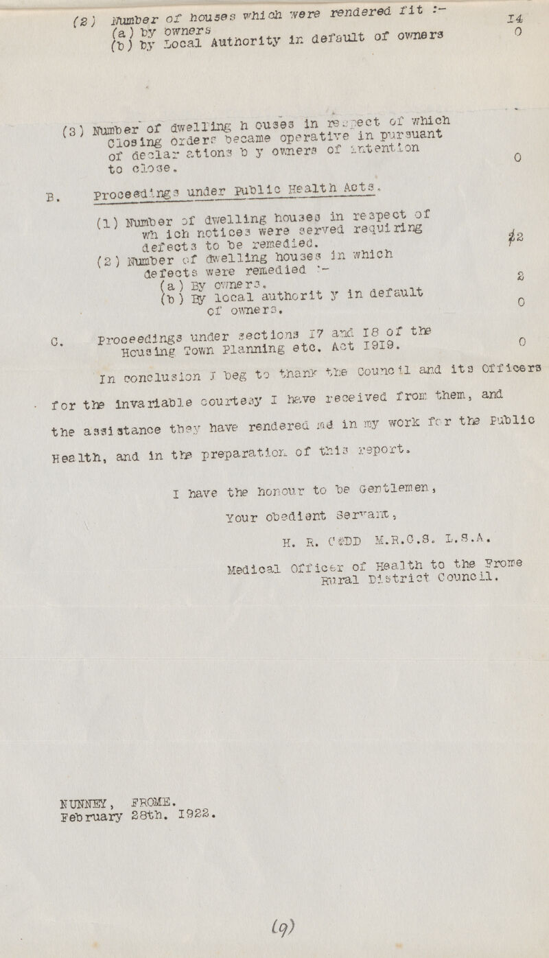 (2) Number of houses which were rendered fit:- (a) by owners 14 (b) by Local Authority In default of owners 0 (3) Number of dwelling houses in reject of which Closing orders became operative in pursuant of declar ations by owners of intention to close. 0 B. Proceeding a under public Health Acts . (1) Number of dwelling houses in respect of which notices were served requiring defects to be remedied. 22 (2) Number of dwelling houses in which defects were remedied:- (a) By owners. 2 (b) By local authority in default of owners. 0 C. proceedings under sections 17 and. 18 of the Housing Town Planning etc. Act I919. 0 In conclusion i beg to thank the Council and its Officers for the invariable courtesy I have received from them, and the assistance they have rendered md in my work for the Public Health, and in the preparation of this report. I have the honour to be Gentlemen, Your Obedient Servant, H. E. CODD M.R.C.S. L.S.A. Medical Officer of Health to the Frome Rural District Council. NUNNEY FROME. February 28th. 1922. (9)