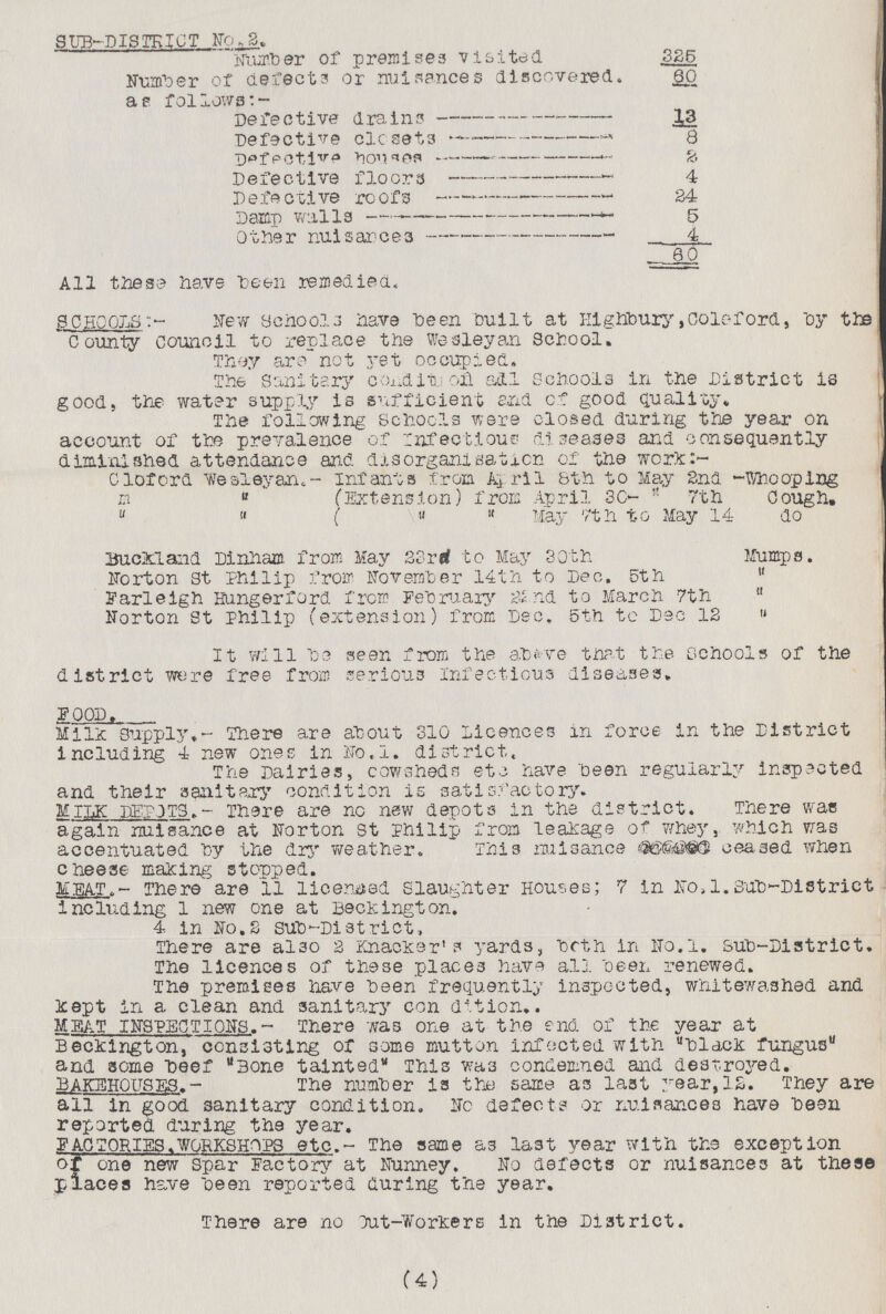 SUB-DISTRICT No ,2. Number of premises visited 325 Number or defects or nuisances discovered. 60 as follows:- Defective drains 13 Defective closets 8 Defective closets 2 Defective floors 4 Defective roofs 24 Damp walls 5 Other nuisances 4 60 All these have been remedied. SCHOOLS:- New School have been built at Highbury, Coleford, by the County Council to replace the Wesley an School. They are not yet occupied. The Sanitary condition. all Schools in the District is good, the water supply is sufficient end of good quality* The following Schools were closed during the year on account of the prevalence of Infectious diseases and consequently diminished attendance and disorganisation of the work:- Cloford wesleyan.- Infants from April 8th to May 2nd -Whooping “ “ (Extension) from April 30-  7th Cough. “ “ ( “ “ May 7th to May 14 do Buckland Dinham from May 23rd to May 30th Mumps. Norton St Philip from November 14th to Dec. 5th  Farleigh Hunger ford from February 22nd to March 7th  Norton St Philip (extension) from Dec, 5th to Dec 12 “ It will be seen from the above that the Schools of the district were free from serious Infectious diseases, FOOD. Milk supply,- There are about 310 licences in force in the District including 4 new ones in No,1. district. The Dairies, cowsheds etc have been regularly inspected and their sanitary condition is satisfactory. MILK DEPOTS.-There are no new depots in the district. There was again nuisance at Norton st Philip from leakage of whey, which was accentuated by the dry weather. This nuisance ceased when cheese making stopped. MEAT.- There are 11 licensed Slaughter Houses; 7 in No,1.Sub-District including 1 new one at Beckington. 4 in No.S Sub-District, There are also 2 Knacker's yards, both in No.l. sub-District. The licences of these places have all been renewed. The premises have been frequently inspected, whitewashed and Kept in a clean and sanitary con dition. MEAT INSPECTIONS.- There was one at the end of the year at Beckington, consisting of some mutton infected with black fungus and some beef Bone tainted This was condemned and destroyed. BAKEHOUSES.- The number is the same as last year, 12. They are all in good sanitary condition. No defects or nuisances have been reported during the year. FACTORIES.workshops etc.- The same as last year with the exception of one new spar Factory at Nunney. No defects or nuisances at these places have been reported during the year. There are no Out-Workers in the District. (4)