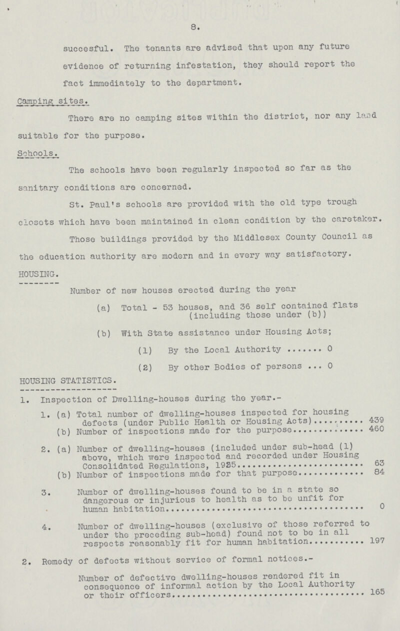 8. succesful. The tenants are advised that upon any future evidence of returning infestation, they should report the fact immediately to the department. Camping sites. There are no camping sites within the district, nor any land suitable for the purpose. Schools. The schools have been regularly inspected so far as the sanitary conditions are concerned. St. Paul's schools are provided with the old type trough closets which have been maintained in clean condition by the caretaker. Those buildings provided by the Middlesex County Council as the education authority are modern and in every way satisfactory. HOUSING. Number of new houses erected during the year (a) Total - 53 houses, and 36 self contained flats (including those under (b)) (b) With State assistance under Housing Acts; (1) By the Local Authority 0 (2) By other Bodies of persons 0 HOUSING STATISTICS. 1. Inspection of Dwelling-houses during the year.- 1. (a) Total number of dwelling-houses inspected for housing defects (under Public Health or Housing Acts) 439 (b) Number of inspections made for the purpose460 2. (a) Number of dwelling-houses (included under sub-head (1) above, which were inspected and recorded under Housing Consolidated Regulations, 1925 63 (b) Number of inspections made for that purpose 84 3. Number of dwelling-houses found to be in a state so dangerous or injurious to health as to be unfit for human habitation 0 4. Number of dwelling-houses (exclusive of those referred to under the preceding sub-head) found not to be in all respects reasonably fit for human habitation 197 2. Remedy of defects without service of formal notices.- Number of defective dwelling-houses rendered fit in consequence of informal action by the Local Authority or their officers 165