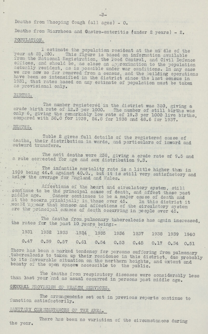 -3- Deaths from Whooping Cough (all ages) - 0. Deaths from Diarrhoea and Gastro-enteritis (under 2 years) - 2. POPULATION. I estimate the population resident at the middle of the year at 25,200. This figure is based on information available from the National Registration, the Food Control, and Civil Defence offices, and should be, as close an approximation to the population actually resident, as is possible under war conditions. In any case we are now so far removed from a census, and the building operations have been so intensified in the district since the last census in 1931, that rates based on any estimate of population must be taken as provisional only. BIRTHS. The number registered in the district was 320, giving a crude birth rate of 12.3 per 1000. The number of still births was only 6, giving the remarkably low rate of 19.3 per 1000 live births, compared with 38.0 for 1939, 24.0 for 1938 and 48.6 for 1937. DEATHS. Table 2 gives full details of the registered cause of deaths, their distribution in wards, and particulars of inward and outward transfers. The nett deaths were 238, giving a crude rate of 9.5 and a rate corrected for age and sex distribution 9.3. The infantile mortality rate is a little higher thai in 1939 being 46.6 against 40.0., but it is still very satisfactory and below the average for England and Wales. Affections of the heart and circulatory system, still continue to be the principal cause of death, and affect those past middle age. Cancer continues to be a major cause of death and it too occurs principally in. those over 45. In this district it would appear that cancer and affections of the circulatory system are the principal causes of death occurring in people over 45. The deaths from pulmonary tuberculosis has again increased, the rates for the past 10 years being:- 1931 1932 1933 1934 1935 1936 1937 1938 1939 1940 0.47 0.39 0.57 0.61 0.54 0.53 0.45 0.17 0.34 0.51 There has been a marked tendency for persons suffering from pulmonary tuberculosis to taken up their residence in this district, due probably to its favourable situation on the northern heights, and extent and beauty of the open spaces accessible to the public. The deaths from respiratory diseases were considerably less than last year 'end as usual occurred in persons past middle age. GENERAL PROVISION OF HEALTH SERVICES. The arrangements set out in previous reports continue to function satisfactorily. SANITARY CIRCUMSTANCES OP THE AREA. There has been no variation of the circumstances during the year.