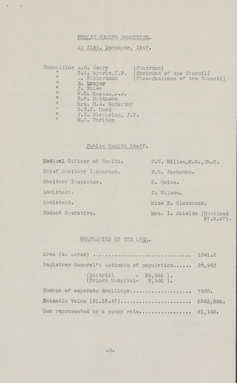 PUBLIC HEALTH COMMITTEE. At 31st. December, 1947. Councillor A.C. Henry (Chairman)  C.A. Sparks,J.P (Chairman of the Council)  A. Richardson (vice- Chairman of the Council)  3. Draper  J. Foley  W.H. Martin,J.P.  R.P. Matthews  Mrs. H.E. MeCarthy  G.E.J. Mead  J.E. Pickering, J.P.  M.R. Tarlton Public Health Staff. Medical Officer of Health. Chief Sanitary Inspector. Sanitary Inspector. Assistant Assistant. Rodent Operative. W.W. Millen,M.B.,Ch.Bc W.R. Jackaman. S. Caine. J. Wilson. Miss E. Glasscock. Mrs. I. Shields (Resigned 27.9.47). STATISTICS, OF THE AREA. Area (in acres) 1341.2 Registrar General's estimate of population 28,940 (District - 26,340 ). (Friern Hospital- 2,100 ). Number of separate dwellings 7438. Rateable Value (31.12.47) £283,880. Sum represented by a penny rate £1,140. -3-