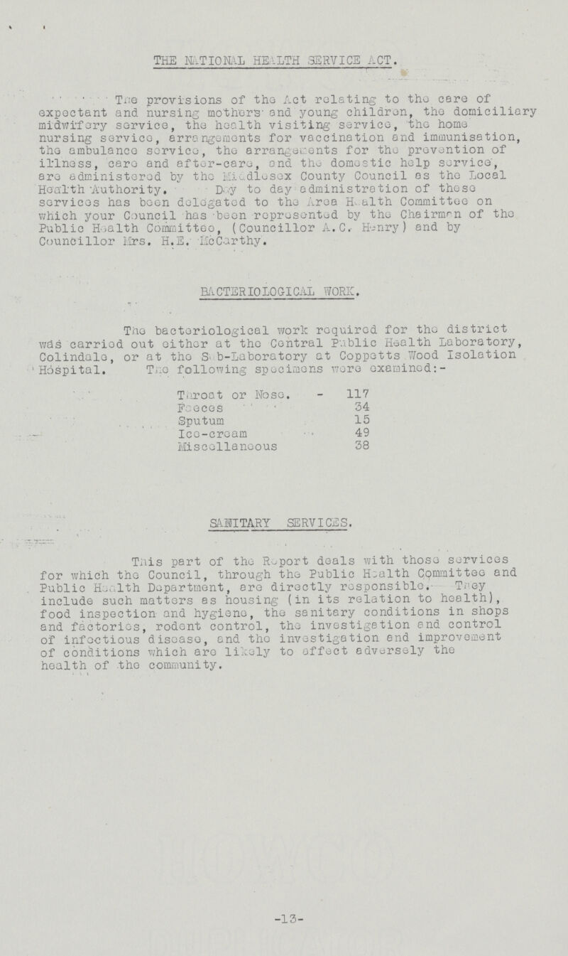 THE NATIONAL HEALTH SERVICE ACT. The provisions of the Act relating to the care of expectant and nursing mothers' and young children, the domiciliary midwifery service, the health visiting service, the home nursing service, arrangements for vaccination and immunisation, the ambulance service, the arrangements for the prevention of illness, care and after-care, and the domestic help service', are administered by the Middlesex County Council as the Local Health Authority. Day to day administration of these services has been delegated to the Area Health Committee on which your Council has been represented by the Chairman of the Public Health Committed, (Councillor A.C. Hanry) and by Councillor Mrs. H.E. McCarthy. BACTERIOLOGICAL WORK. The bacteriological work required for the district was carried out either at the Central Public Health Laboratory, Colindale, or at the Sab-Laboratory at Coppetts Wood Isolation Hospital. The following specimens were examined Throat or Nose. 117 Faeces 34 Sputum 15 Ice-cream 49 Miscellaneous 38 SANITARY SERVICES. This part of the Report deals with those services for which the Council, through the Public Health Committee and Public Health Department, are directly responsible. They include such matters as housing (in its relation to health), food inspection and hygiene, the sanitary conditions in shops and factories, rodent control, the investigation end control of infectious disease, and the investigation and improvement of conditions which are likely to affect adversely the health of the community. -13-