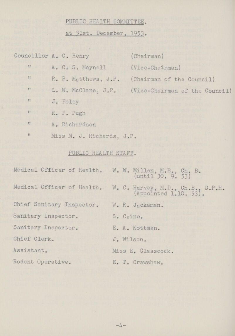 PUBLIC HEALTH COMMITTEE. at 31st. December, 1933. Councillor A. C. Henry (Chairman) „ A. C. S. Meynell (Vice-Chairman) „ R. P. Matthews, J.P. (Chairman of the Council) „ L. W. McClane, J.P. (Vice-Chairman of the Council) „ J. Foley „ R. F. Pugh „ A. Richardson „ Miss M. J. Richards, J.P. PUBLIC HEALTH STAFF. Medical Officer of Health. W. W. Millen, M.B., Ch. B. (until 30. 9. 53) Medical Officer of Health. W. C. Harvey, M.D., Ch.B. D.P.H. (Appointed 1.10. 53). Chief Sanitary Inspector. W. R. Jackaman. Sanitary Inspector. S. Caine. Sanitary Inspector. E. A. Kottman. Chief Clerk. J, Wilson. Assistant. Miss E. Glasscock. Rodent Operative. E. T. Crawshaw. -4-