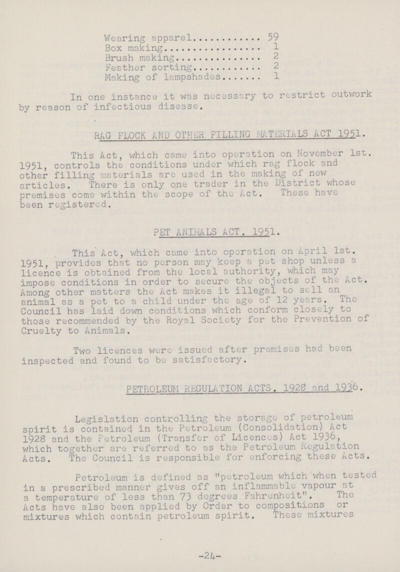 24 Wearing apparel 59 Box making 1 Brush making 2 Feather sorting 2 Making of lampshades 1 In one instance it was necessary to restrict outwork by reason of infectious disease. RAG FLOCK AMD OTHER FILLING MATERIALS ACT 1951. This Act, which came into operation on November 1st. 1951, controls the conditions under which rag flock and other filling materials are used in the making of new articles. There is only o.ne trader in the District whose premises come within the scope of the Act. These have been registered. PET ANIMALS ACT. 1951. This Act, which came into operation on April 1st. 1951, provides that no person may keep a pet shop unless a licence is obtained from the local authority, which may impose conditions in order to secure the objects of the Act. Among other matters the Act makes it illegal to sell an animal as a pet to a child under the age of 12 years. The Council has laid down conditions which conform closely to those recommended by the Royal Society for the Prevention of Cruelty to Animals. Two licences were issued after premises had been inspected and found to be satisfactory. PETROLEUM REGULATION ACTS. 1928 and 1936. Legislation controlling the storage of petroleum spirit is contained in the Petroleum (Consolidation) Act 1928 and the Petroleum ('Transfer of Licences) Act 1936, which together are referred to as the Petroleum Regulation Acts. The Council is responsible for enforcing these Acts. Petroleum is defined as petroleum which when tested in a prescribed manner gives off an inflammable vapour at a temperature of less than 73 degrees Fahrenheit. The Acts have also been applied by Order to compositions or mixtures which contain petroleum spirit. These mixtures