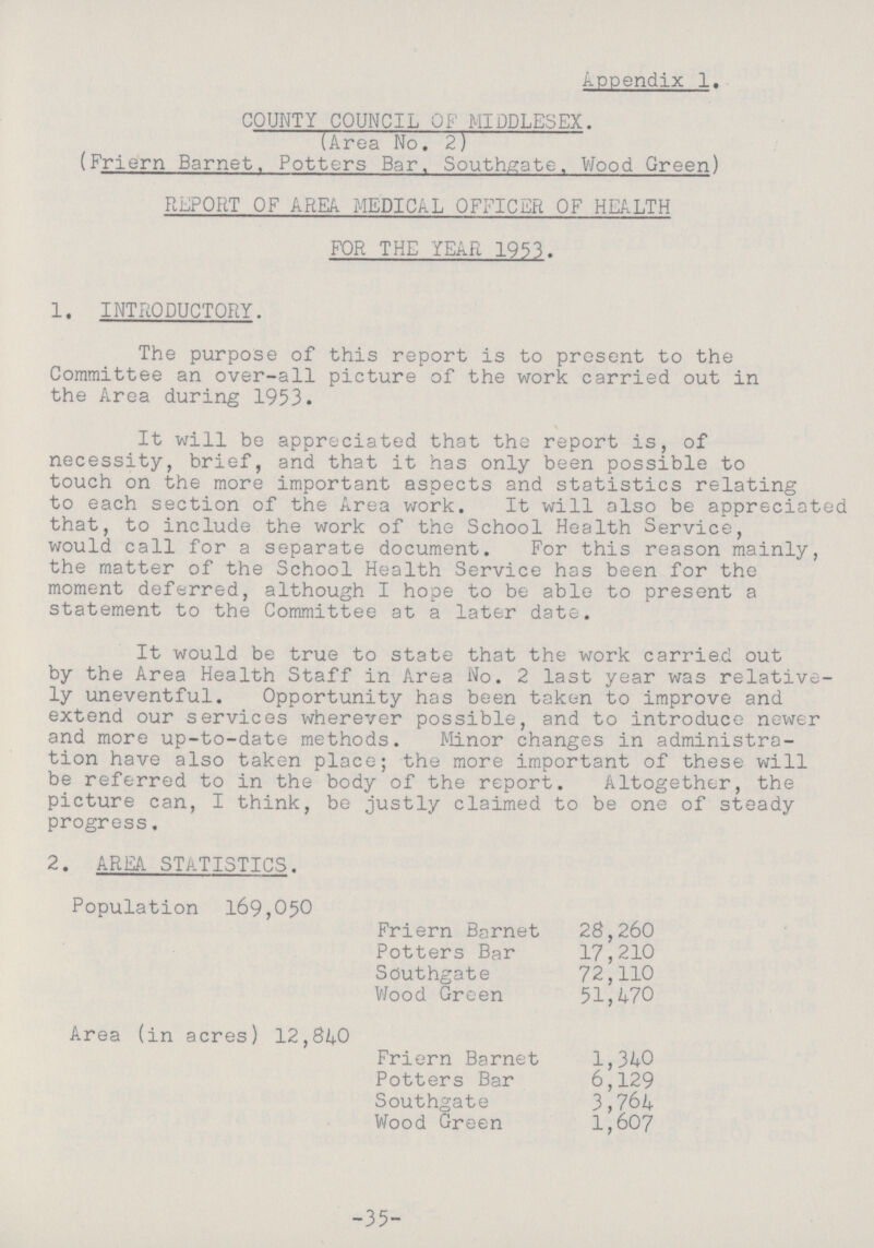 35 Appendix 1. COUNTY COUNCIL OF MIDDLESEX. (Area No. 2] (Friern Barnet, Potters Bar. Southgate. Wood Green) REPORT OF AREA. MEDICAL OFFICER OF HEALTH FOR THE YEAR 1953. 1. INTRODUCTORY. The purpose of this report is to present to the Committee an over-all picture of the work carried out in the Area during 1953. It will be appreciated that the report is, of necessity, brief, and that it has only been possible to touch on the more important aspects and statistics relating to each section of the Area work. It will also be appreciated that, to include the work of the School Health Service, would call for a separate document. For this reason mainly, the matter of the School Health Service has been for the moment deferred, although I hope to be able to present a statement to the Committee at a later date. It would be true to state that the work carried out by the Area Health Staff in Area No. 2 last year was relative ly uneventful. Opportunity has been taken to improve and extend our services wherever possible, and to introduce newer and more up-to-date methods. Minor changes in administra tion have also taken place; the more important of these will be referred to in the body of the report. Altogether, the picture can, I think, be justly claimed to be one of steady progress. 2. AREA STATISTICS. Population 169,050 Friern Barnet 2$,260 Potters Bar 17,210 Sduthgate 72,110 Wood Green 51,470 Area (in acres) 12,$40 Friern Barnet 1,340 Potters Bar 6,129 Southgate 3,764 Wood Green 1,607
