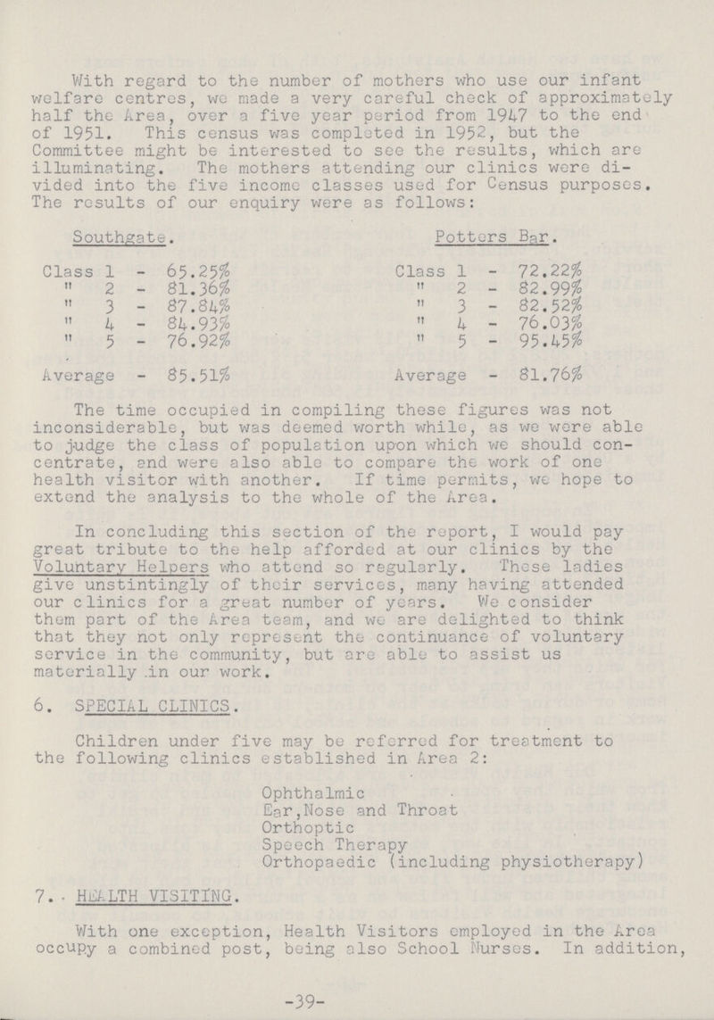 With regard to the number of mothers who use our infant welfare centres, we made a very careful check of approximately half the Area, over a five year period from 1947 to the end of 1951. This census was completed in 1952, but the Committee might be interested to see the results, which are illuminating. The mothers attending our clinics were di vided into the five income classes used for Census purposes. The results of our enquiry were as follows: Southgate. Potters Bar. Class 1 - 65.25% Class 1 - 72.22% „ 2 - 81.36% „ 2- 82.99% „ 3 - 87.84% „ 3 - 82.52% „ 4 - 84.93% „ 4 - 76.03% „ 5 - 76.92% „ 5 - 95.45% Average - 85.51$ Average - 81.76$ The time occupied in compiling these figures was not inconsiderable, but was deemed worth while, as we were able to judge the class of population upon which we should con centrate, and were also able to compare the work of one health visitor with another. If time permits, we hope to extend the analysis to the whole of the Area. In concluding this section of the report, I would pay great tribute to the help afforded at our clinics by the Voluntary Helpers who attend so regularly. These ladies give unstintingly of their services, many having attended our clinics for a great number of years. We consider them part of the Area team, and we are delighted to think that they not only represent the continuance of voluntary service in the community, but are able to assist us materially in our work. 6. SPECIAL CLINICS. Children under five may be referred for treatment to the following clinics established in Area 2: Ophthalmic Ear,Nose and Throat Orthoptic Speech Therapy Orthopaedic (including physiotherapy) 7. HEALTH VISITING. With one exception, Health Visitors employed in the Area occupy a combined post, being also School Nurses. In addition, -39-