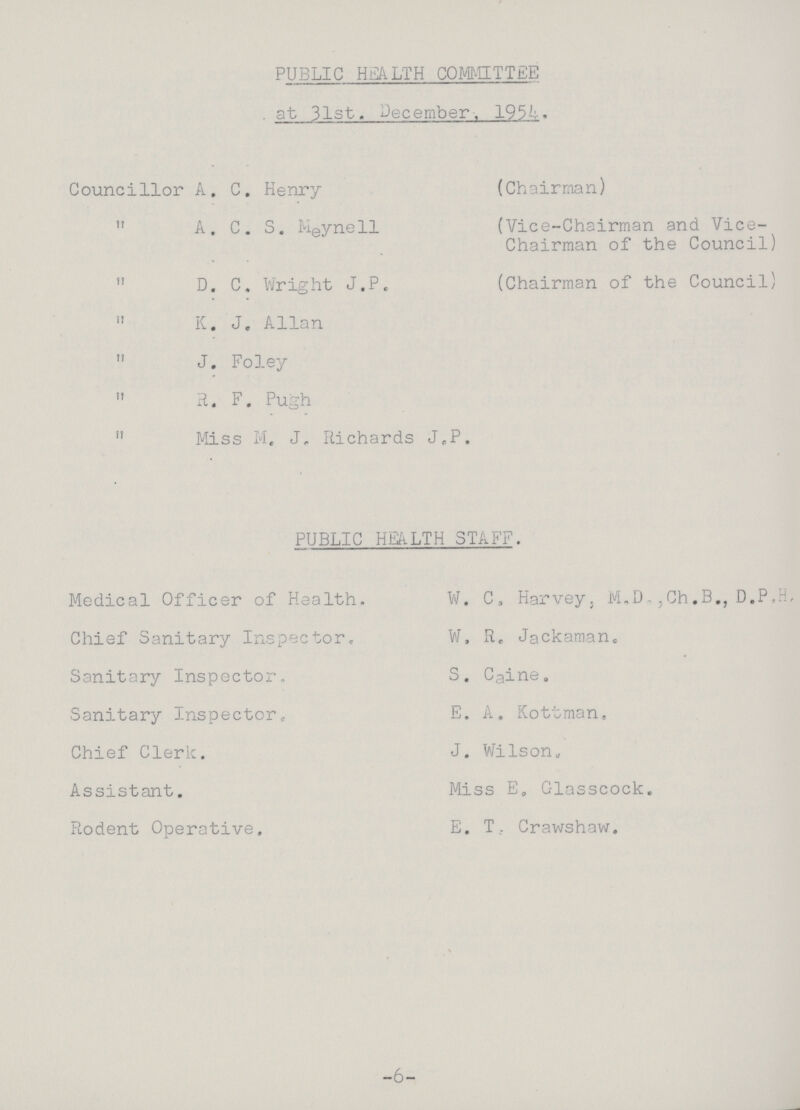 PUBLIC HEALTH COMMITTEE at 31st. December. 1954. Councillor A, C. Henry (Chairman) A. C. S. Meynell (Vice-Chairman and Vice- Chairman of the Council) D. C. Wright J.P. (Chairman of the Council) K. J. Allan J. Foley R. F. Pugh Miss M. J. Richards J.P. PUBLIC HEALTH STAFF. Medical Officer of Health. W. C. Harvey. M.D., ,Ch.B., D.P.H, Chief Sanitary Inspector. W. R. Jackaman Sanitary Inspector. S. Caine. Sanitary Inspector. E. A. Kottman. Chief Clerk. J. Wilson. Assistant. Miss E. Glasscock. Rodent Operative. E. T. Crawshaw. -6-