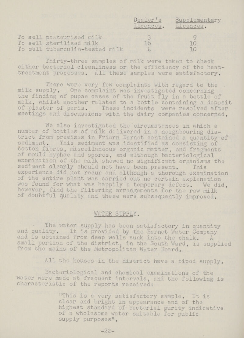 Dealer's Licences. Supplementary Licences. To sell pasteurised milk 3 9 To sell sterilised milk 16 10 To sell tuberculin-tested milk 4 10 Thirty-three samples of milk were taken to check either bacterial cleanliness or the efficiency of the heat treatment processes. All these samples were satisfactory. There were very few complaints with regard to the . milk supply. One complaint was investigated concerning the finding of pupae cases of the fruit fly in a bottle of milk, whilst another related to a bottle containing a deposit of plaster of paris. These incidents were resolved after meetings and discussions with the dairy companies concerned. We also investigated the circumstances in which a number of bottles of milk delivered in a neighbouring dis trict from premises in Friern Barnet contained a quantity of sediment. This sediment was identified as consisting of cotton fibres, miscellaneous organic matter, and fragments of mould hyphae and spores, and although bacteriological examination of the milk shewed no significant organisms the sediment clearly should not have been present. This experience did not recur and although a thorough examination of the entire plant was carried out no certain explanation was found for what was happily a temporary defect. We did, however, find the filtering arrangements for the raw milk of doubtful quality and these were subsequently improved. WATER SUPPLY. The water supply has been satisfactory in quantity and quality. It is provided by the Barnet Water Company and is obtained from deep wells sunk into the chalk. A small portion of the district, in the South Ward, is supplied from the mains of the Metropolitan Water Board. All the houses in the district have a piped supply. Bacteriological and chemical examinations of the water were made at frequent intervals, and the following is characteristic of the reports received: This is a very satisfactory sample. It is clear and bright in appearance and of the highest standard of bacterial purity indicative of a wholesome water suitable for public supply purposes. -22-