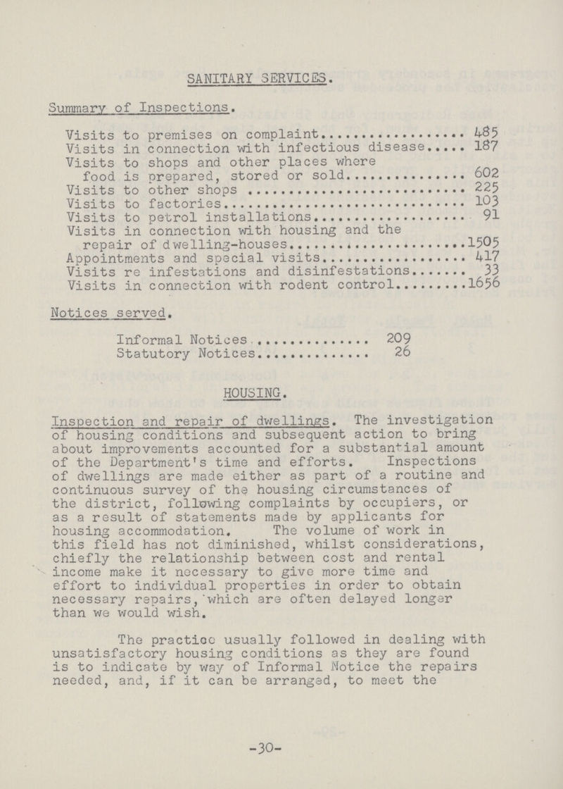 SANITARY SERVICES. Summary of Inspections. Visits to premises on complaint 485 Visits in connection with infectious disease 187 Visits to shops and other places where food is prepared, stored or sold 602 Visits to other shops 225 Visits to factories 103 Visits to petrol installations 91 Visits in connection with housing and the repair of dwelling-houses 1505 Appointments and special visits 417 Visits re infestations and disinfestations 33 Visits in connection with rodent control 1656 Notices served. Informal Notices 209 Statutory Notices 26 HOUSING. Inspection and repair of dwellings. The investigation of housing conditions and subsequent action to bring about improvements accounted for a substantial amount of the Department's time and efforts. Inspections of dwellings are made either as part of a routine and continuous survey of the housing circumstances of the district, following complaints by occupiers, or as a result of statements made by applicants for housing accommodation. The volume of work in this field has not diminished, whilst considerations, chiefly the relationship between cost and rental income make it necessary to give more time and effort to individual properties in order to obtain necessary repairs,which are often delayed longer than we would wish. The practice usually followed in dealing with unsatisfactory housing conditions as they are found is to indicate by way of Informal Notice the repairs needed, and, if it can be arranged, to meet the -30-