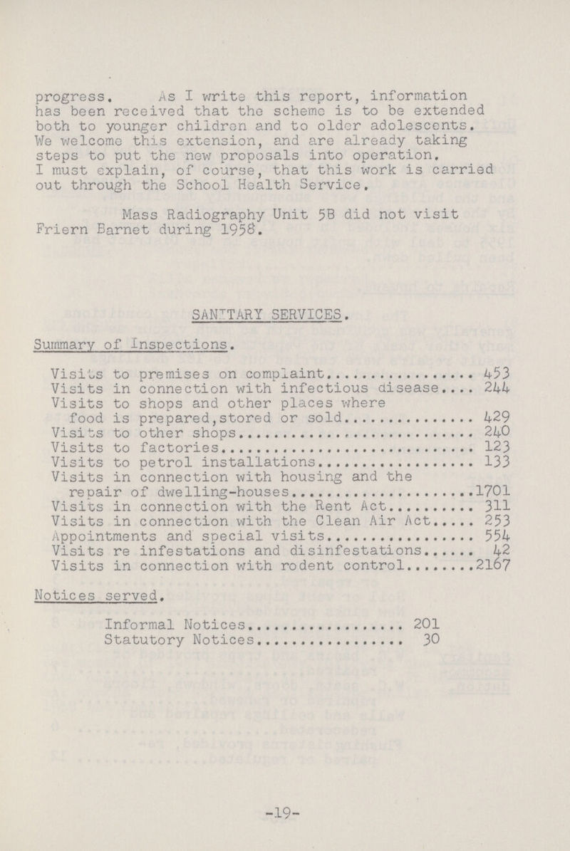 progress. As I write this report, information has been received that the schemo is to be extended both to younger children and to older adolescents. We welcome this extension, and are already taking steps to put the new proposals into operation. I must explain, of course, that this work is carried out through the School Health Service. Mass Radiography Unit 5B did not visit Friern Barnet during 1958. SANITARY SERVICES. Summary of inspections. Visits to premises on complaint 453 Visits in connection with infectious disease 244 Visits to shops and other places where food is prepared, stored or sold 429 Visits to other shops 240 Visits to factories 123 Visits to petrol installations 133 Visits in connection with housing and the repair of dwelling-houses 1701 Visits in connection with the Rent Act 311 Visits in connection with the Clean Air Act 253 Appointments and special visits 554 Visits re infestations and disinfestations 42 Visits in connection with rodent control 2167 Notices served. Informal Notices 201 Statutory Notices 30 19