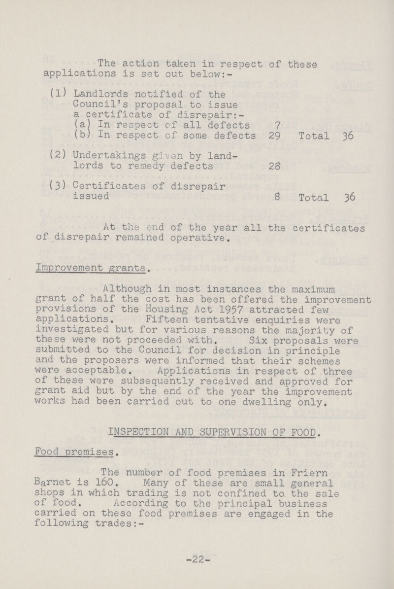 The action taken in respect of these applications is set out below:- (1) Landlords notified of the Council's proposal to issue a certificate of disrepair:- (a) In respect of all defects 7 (b) In respect of some defects 29 Total 36 (2) Undertakings given by land lords to remedy defects 28 (3) Certificates of disrepair issued 8 Total 36 At the end of the year all the certificates of disrepair remained operative. Improvement grants. Although in most instances the maximum grant of half the cost has been offered the improvement provisions of the Housing Act 1957 attracted few applications. Fifteen tentative enquiries were investigated but for various reasons the majority of these were not proceeded with. Six proposals were submitted to the Council for decision in principle and the proposers were informed that their schemes were acceptable. Applications in respect of three of these were subsequently received and approved for grant aid but by the end of the year the improvement works had been carried out to one dwelling only. INSPECTION AND SUPERVISION OF FOOD. Food premises. The number of food premises in Friern Barnet is 160. Many of these are small general shops in which trading is not confined to the sale of food. According to the principal business carried on these food premises are engaged in the following trades:- 22