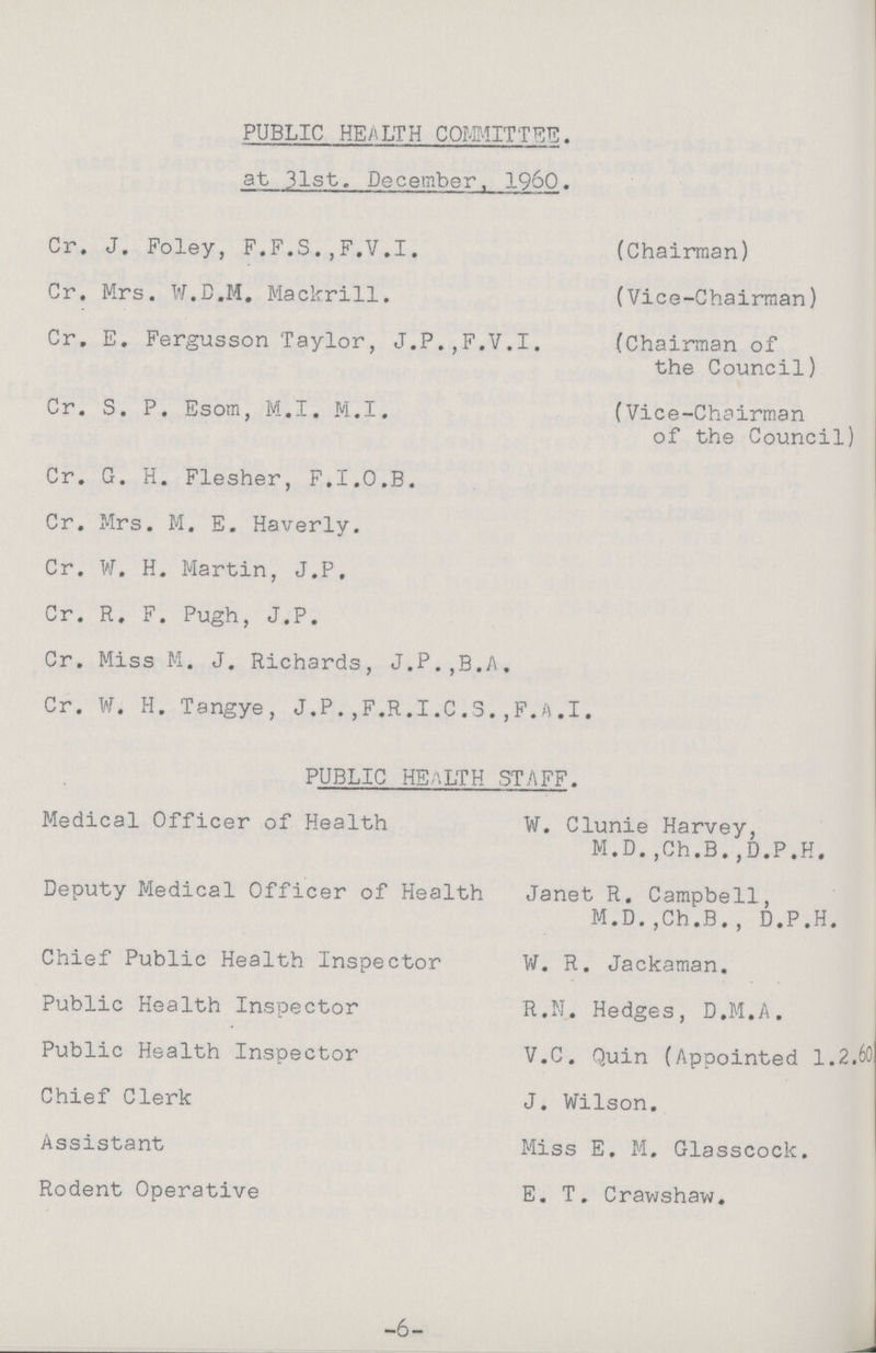 PUBLIC HEALTH COMMITTEE. at 31st. December, I960. Cr. J. Foley, F.F.S.,F.V.I. Cr. Mrs. W.D.M. Mackrill. (Chairman) Cr. E. Fergusson Taylor, J.P.,F.V.I. (Vice-Chairman) (Chairman of Cr. S. P. Esom, M.I. M.I. the Council) (Vice-Chairman of the Council) Cr. G. H. Flesher, F.I.O.B. Cr. Mrs. M. E. Haverly. Cr. W. H. Martin, J.P. Cr. R. F. Pugh, J.P. Cr. Miss M. J. Richards, J.P.,B.A. Cr. W. H. Tangye, J.P.,F.R.I.C.3.,F.A.I. M.D.,Ch.B.,D.P.H. Deputy Medical Officer of Health Janet R. Campbell, M.D.,Ch.B., D.P.H. PUBLIC HE'.LTH STAFF. Medical Officer of Health W. Clunie Harvey, Chief Public Health Inspector Public Health Inspector Public Health Inspector Chief Clerk W. R. Jackaman. R.N. Hedges, D.M.A. V.C. Quin (Appointed 1.2. J. Wilson. Assistant Miss E. M. Glasscock. Rodent Operative E. T. Crawshaw -6-