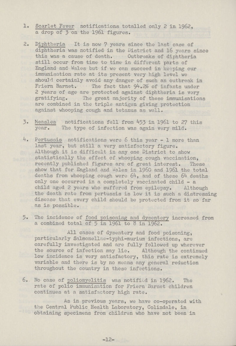 1. Scarlet Fever notifications totalled only 2 in 1962, a drop of 3 on the 1961 figures. 2. Diphtheria It is now 7 years since the last case of diphtheria was notified in the District and 16 years since this was a cause of death. Outbreaks of diphtheria still occur from time to time in different parts of England and Wales but if we can succeed in keeping our immunisation rate at its present very high level we should certainly avoid any danger of such an outbreak in Friern Barnet. The fact that 94.2% of infants under 2 years of age are protected against diphtheria is very gratifying. The great majority of these immunisations are combined in the triple antigen giving protection against whooping cough and tetanus as well. 3. Measles notifications fell from 453 in 1961 to 27 this year. The type of infection was again very mild. 4. Pertussis notifications were 6 this year - 1 more than last year, but still a very satisfactory figure. Although it is difficult in any one District to show statistically the effect of whooping cough vaccination, recently published figures are of great interest. These show that for England and Wales in 1960 and 1961 the total deaths from whooping cough were 64, and of these 64 deaths only one occurred in a completely vaccinated child - a child aged 2 years who suffered from epilepsy. Although the death rate from pertussis is low it is such a distressing disease that every child should be protected from it so far as is possible. 5. The incidence of food poisoning and dysentery increased from a combined total of 5 in 1961 to 8 in 1962. All cases of dysentery and food poisoning, particularly Salmonellae-typhi-murium infections, are carefully investigated and are fully followed up wherever the source of infection may lie. Although the continued low incidence is very satisfactory, this rate is extremely variable and there is by no means any general reduction throughout the country in these infections. 6. No case of poliomyelitis was notified in 1962. The rate of polio immunisation for Friern Barnet children continues at a satisfactory high rate. As in previous years, we have co-operated with the Central Public Health Laboratory, Colindale, in obtaining specimens from children who have not been in -12-