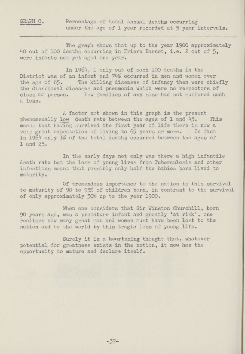37 GRAPH C. Percentage of total Annual deaths occurring under the age of 1 year recorded at 5 year intervals. The graph shows that up to the year 1900 approximately 40 out of 100 deaths occurring in Friern Barnet, i.e. 2 out of 5, were infants not yet aged one year. In 1964, 1 only out of each 100 deaths in the District was of an infant and 74% occurred in men and women over the age of 65. The killing diseases of infancy then were chiefly the diarrhoeal diseases and pneumonia which were no resnectors of class or person. Few families of any size had not suffered such a loss. A factor not shown in this graph is the present phenomenally low death rate between the ages of 1 and This means that having survived the first year of life there is now a veiy great expectation of living to 65 years or more. In fact in 1964 only 1% of the total deaths occurred between the ages of 1 and 25. In the early days not only was there a high infantile death rate but the loss of young lives from Tuberculosis and other infections meant that possibly only half the babies born lived to maturity. Of tremendous importance to the nation is this survival to maturity of 90 to 95% of children born, in contrast to the survival of only approximately 50% up to the year 1900. When one considers that Sir Winston Churchill, born 90 years ago, was a premature infant and greatly 'at risk', one realises how many great men and women must have been lost to the nation and to the world by this tragic loss of young life. Surely it is a heartening thought that, whatever potential for greatness exists in the nation, it now has the opportunity to mature and declare itself.