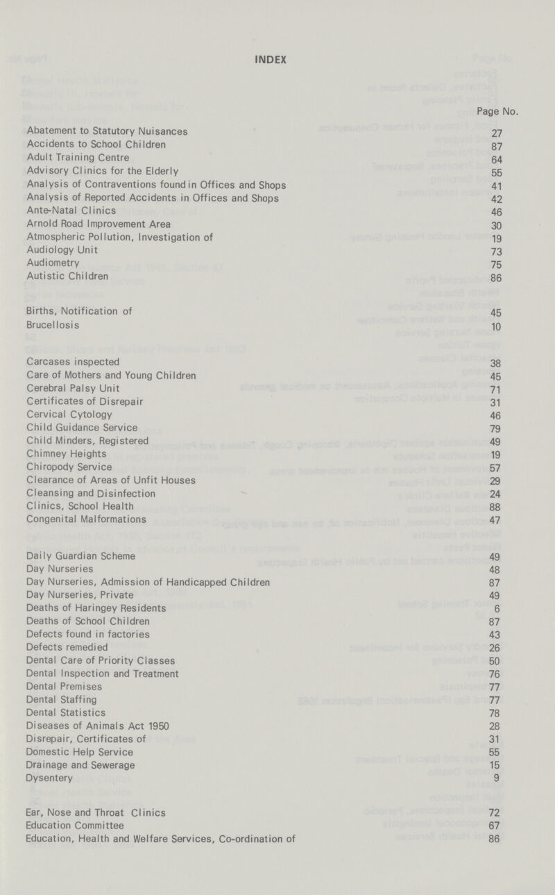 INDEX Page No. Abatement to Statutory Nuisances 27 Accidents to School Children 87 Adult Training Centre 64 Advisory Clinics for the Elderly 55 Analysis of Contraventions found in Offices and Shops 41 Analysis of Reported Accidents in Offices and Shops 42 Ante-Natal Clinics 46 Arnold Road Improvement Area 30 Atmospheric Pollution, Investigation of 19 Audiology Unit 73 Audiometry 75 Autistic Children 86 Births, Notification of 45 Brucellosis 10 Carcases inspected 38 Care of Mothers and Young Children 45 Cerebral Palsy Unit 71 Certificates of Disrepair 31 Cervical Cytology 40 Child Guidance Service 79 Child Minders, Registered 49 Chimney Heights 19 Chiropody Service 57 Clearance of Areas of Unfit Houses 29 Cleansing and Disinfection 24 Clinics, School Health 33 Congenital Malformations 47 Daily Guardian Scheme 49 Day Nurseries 48 Day Nurseries, Admission of Handicapped Children 87 Day Nurseries, Private 49 Deaths of Haringey Residents 6 Deaths of School Children 87 Defects found in factories 43 Defects remedied 26 Dental Care of Priority Classes 50 Dental Inspection and Treatment 76 Dental Premises 77 Dental Staffing 77 Dental Statistics 73 Diseases of Animals Act 1950 28 Disrepair, Certificates of 31 Domestic Help Service 55 Drainage and Sewerage 15 Dysentery 9 Ear, Nose and Throat Clinics 72 Education Committee 67 Education, Health and Welfare Services, Co-ordination of 86