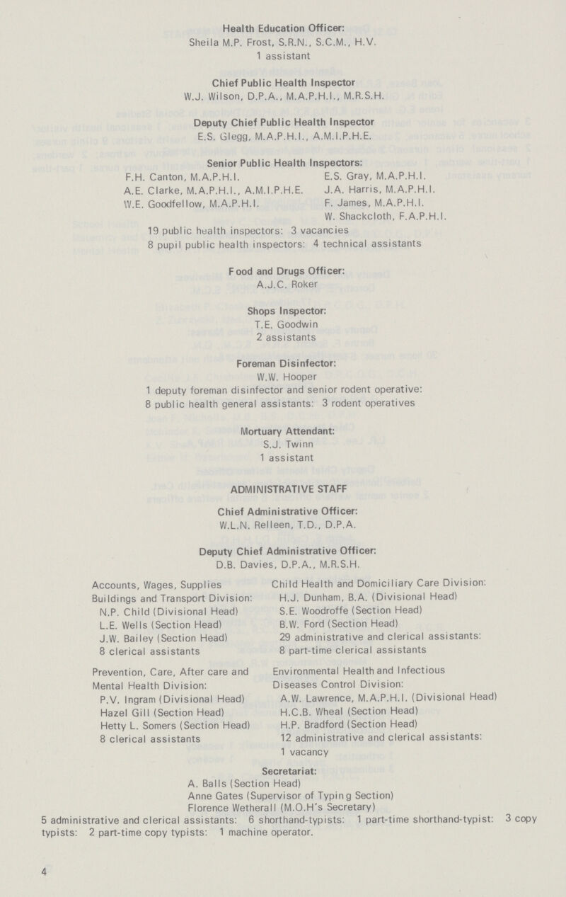 Health Education Officer: Sheila M.P. Frost, S.R.N., S.C.M., H.V. 1 assistant Chief Public Health Inspector W.J. Wilson, D.P.A., M.A.P.H.I., M.R.S.H. Deputy Chief Public Health Inspector E.S. Glegg, M.A.P.H.I., A.M.I.P.H.E. Senior Public Health Inspectors: F.H. Canton, M.A.P.H.I. E.S. Gray, M.A.P.H.I. A.E. Clarke, M.A.P.H.I., A.M.I.P.H.E. J.A. Harris, M.A.P.H.I. W.E. Goodfellow, M.A.P.H.I. F. James, M.A.P.H.I. W. Shackcloth, F.A.P.H.I. 19 public health inspectors: 3 vacancies 8 pupil public health inspectors: 4 technical assistants Food and Drugs Officer: A.J.C. Roker Shops Inspector: T.E. Goodwin 2 assistants Foreman Disinfector: W.W. Hooper 1 deputy foreman disinfector and senior rodent operative: 8 public health general assistants: 3 rodent operatives Mortuary Attendant: S.J. Twinn 1 assistant ADMINISTRATIVE STAFF Chief Administrative Officer: W.L.N. Relleen, T.D., D.P.A. Deputy Chief Administrative Officer: D.B. Davies, D.P.A., M.R.S.H. Accounts, Wages, Supplies Child Health and Domiciliary Care Division: Buildings and Transport Division: H.J. Dunham, B.A. (Divisional Head) N.P. Child (Divisional Head) S.E. Woodroffe (Section Head) L.E. Wells (Section Head) B.W. Ford (Section Head) J.W. Bailey (Section Head) 29 administrative and clerical assistants: 8 clerical assistants 8 part-time clerical assistants Prevention, Care, After care and Environmental Health and Infectious Mental Health Division: Diseases Control Division: P.V. Ingram (Divisional Head) A.W. Lawrence, M.A.P.H.I. (Divisional Head) Hazel Gill (Section Head) H.C.B. Wheal (Section Head) Hetty L. Somers (Section Head) H.P. Bradford (Section Head) 8 clerical assistants 12 administrative and clerical assistants: 1 vacancy Secretariat: A. Balls (Section Head) Anne Gates (Supervisor of Typing Section) Florence Wetherall (M.O.H's Secretary) 5 administrative and clerical assistants: 6 shorthand-typists: 1 part-time shorthand-typist: 3 copy typists: 2 part-time copy typists: 1 machine operator. 4