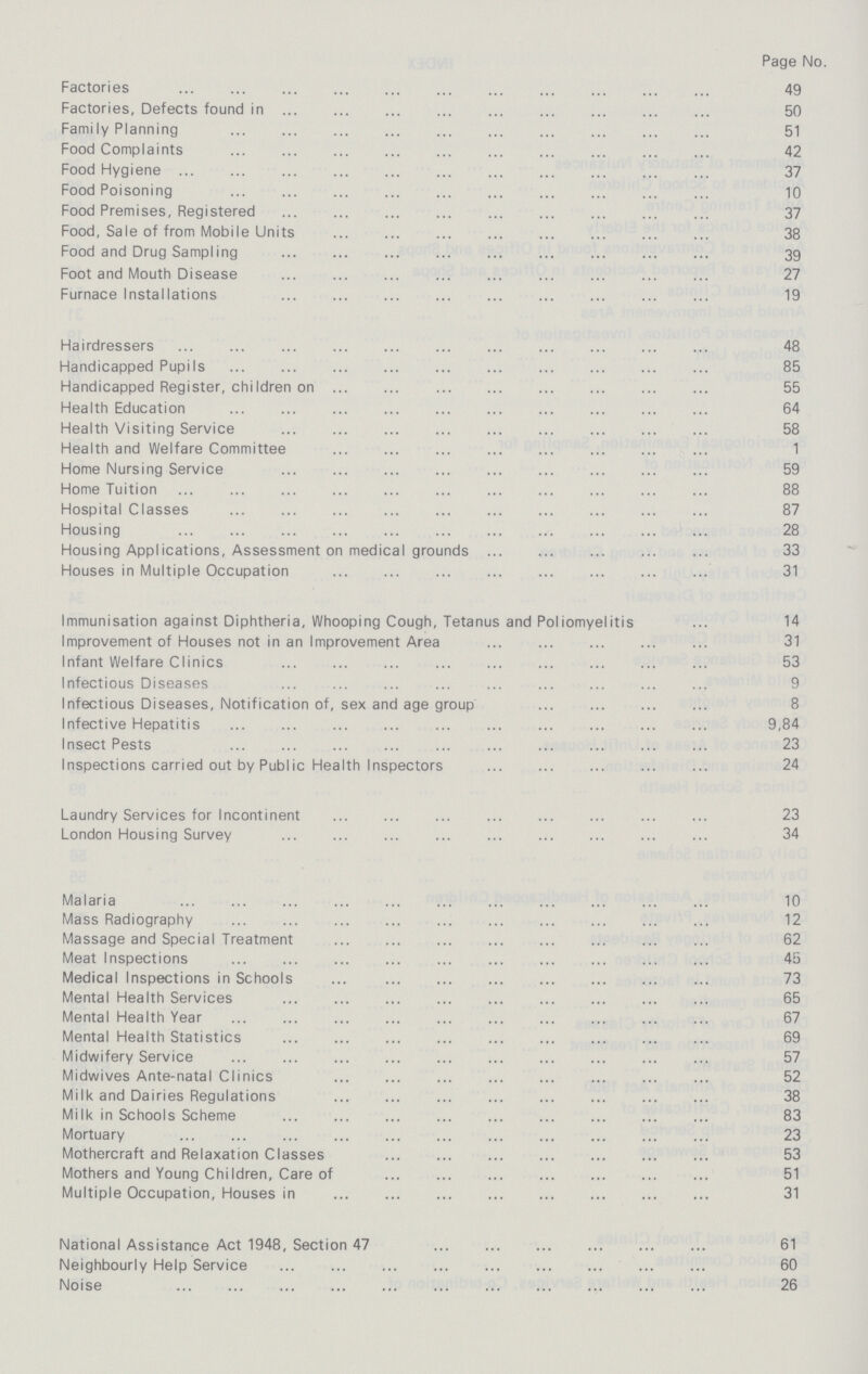 Page No. Factories 49 Factories, Defects found in 50 Family Planning 51 Food Complaints 42 Food Hygiene 37 Food Poisoning 10 Food Premises, Registered 37 Food, Sale of from Mobile Units 38 Food and Drug Sampling 39 Foot and Mouth Disease 27 Furnace Installations 19 Hairdressers 48 Handicapped Pupils 85 Handicapped Register, chiIdren on 55 Health Education 64 Health Visiting Service 58 Health and Welfare Committee 1 Home Nursing Service 59 Home Tuition 88 Hospital Classes 87 Housing 28 Housing Applications, Assessment on medical grounds 33 Houses in Multiple Occupation 31 Immunisation against Diphtheria, Whooping Cough, Tetanus and Poliomyelitis 14 Improvement of Houses not in an Improvement Area 31 Infant Welfare Clinics 53 Infectious Diseases 9 Infectious Diseases, Notification of, sex and age group 8 Infective Hepatitis 9,84 Insect Pests 23 Inspections carried out by Public Health Inspectors 24 Laundry Services for Incontinent 23 London Housing Survey 34 Malaria 10 Mass Radiography 12 Massage and Special Treatment 62 Meat Inspections 45 Medical Inspections in Schools 73 Mental Health Services 65 Mental Health Year 67 Mental Health Statistics 69 Midwifery Service 57 Midwives Ante-natal Clinics 52 Milk and Dairies Regulations 38 Milk in Schools Scheme 83 Mortuary 23 Mothercraft and Relaxation Classes 53 Mothers and Young ChiIdren, Care of 51 Multiple Occupation, Houses in 31 National Assistance Act 1948, Section 47 61 Neighbourly Help Service 60 Noise 26